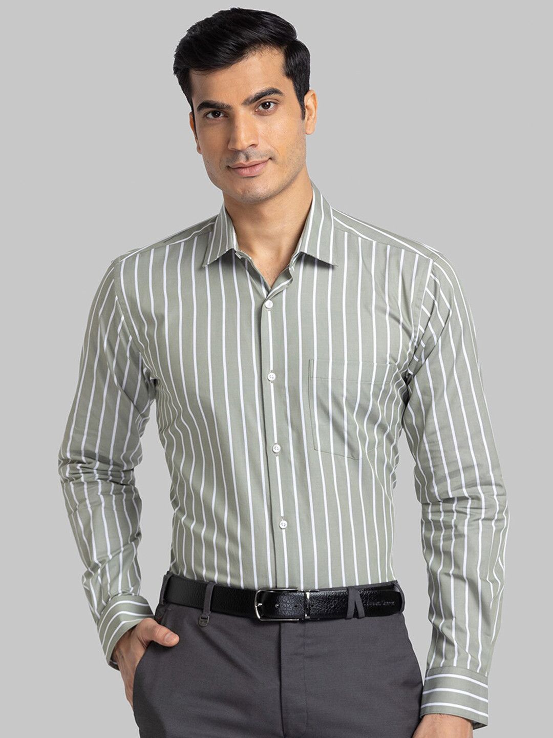 

Park Avenue Men Green Striped Slim Fit Cotton Formal Shirt
