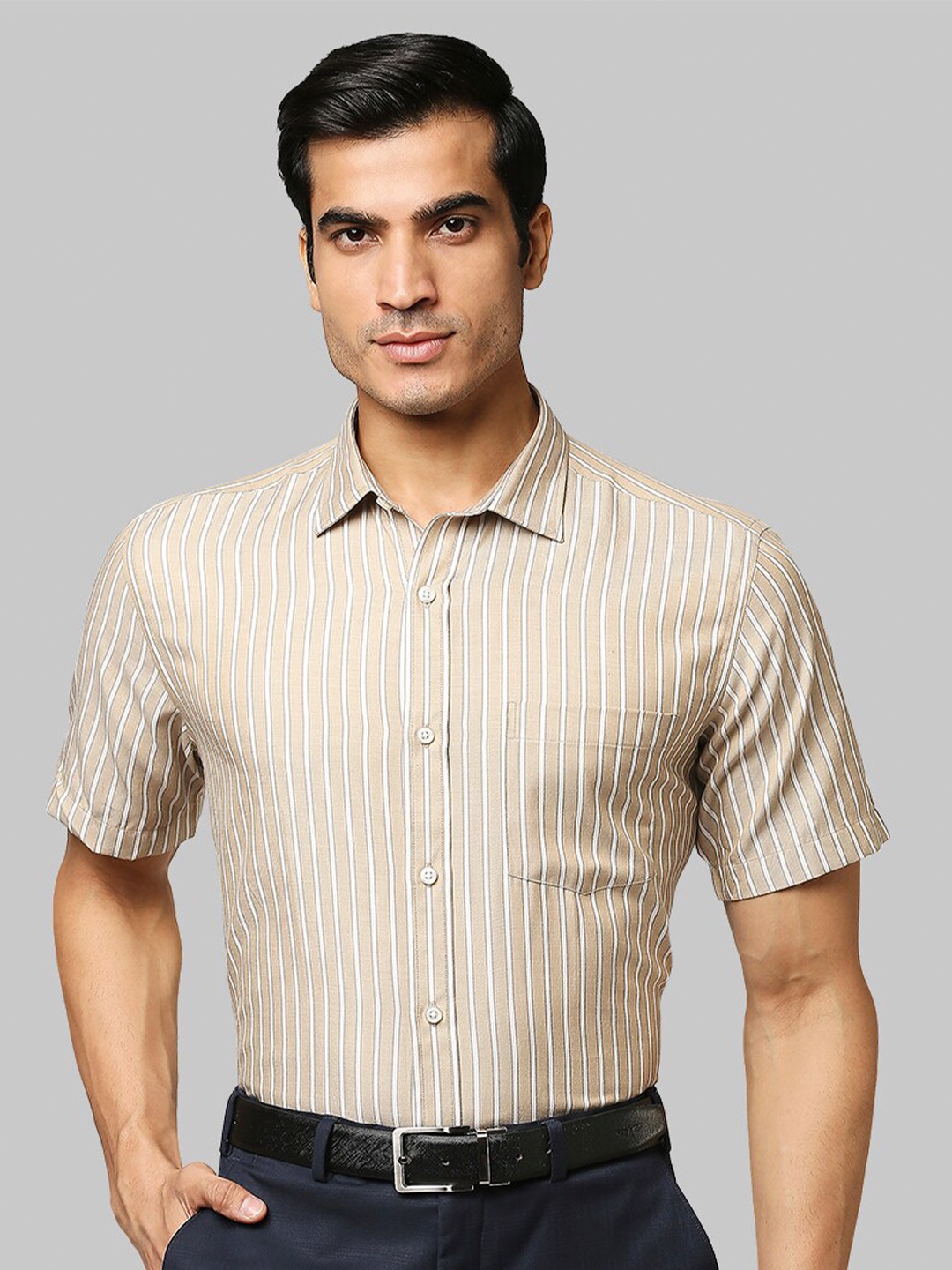 

Park Avenue Men Beige Striped Formal Shirt