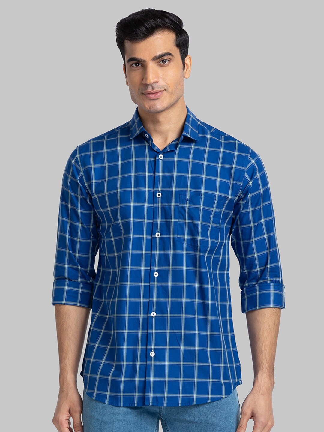 

Park Avenue Men Blue Slim Fit Windowpane Checks Casual Shirt