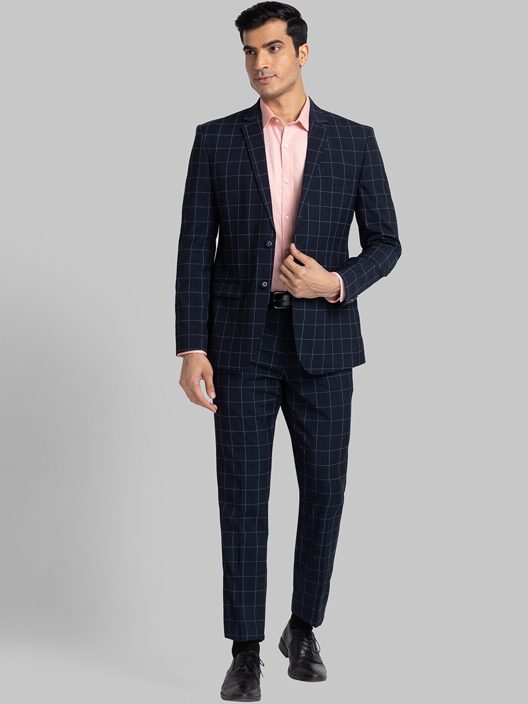 

Park Avenue Men Blue Checked Slim-Fit Single-Breasted Two-Piece Formal Suit