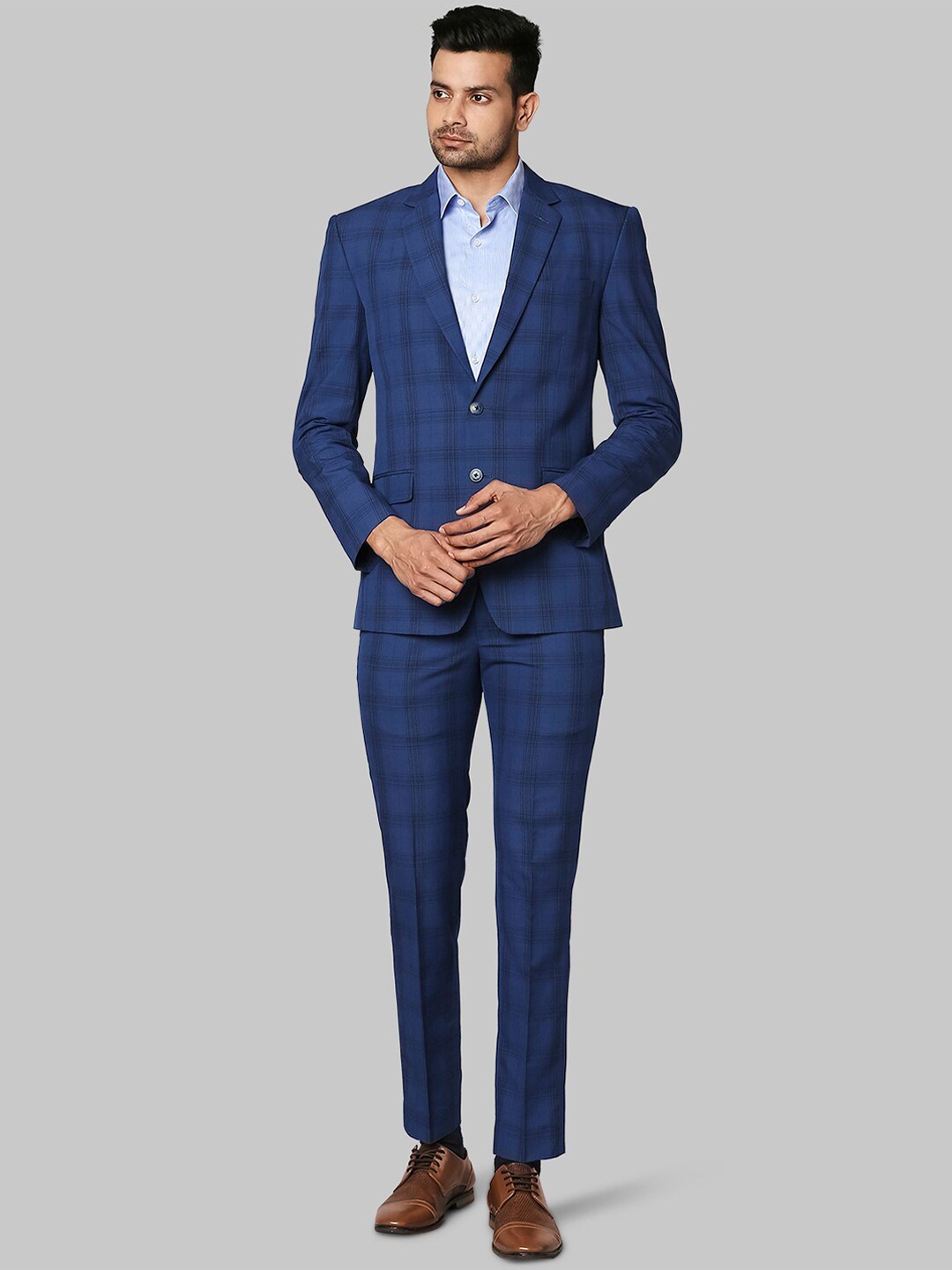 

Park Avenue Men Blue Checked Single-Breasted Slim-Fit Two-Piece Formal Suit