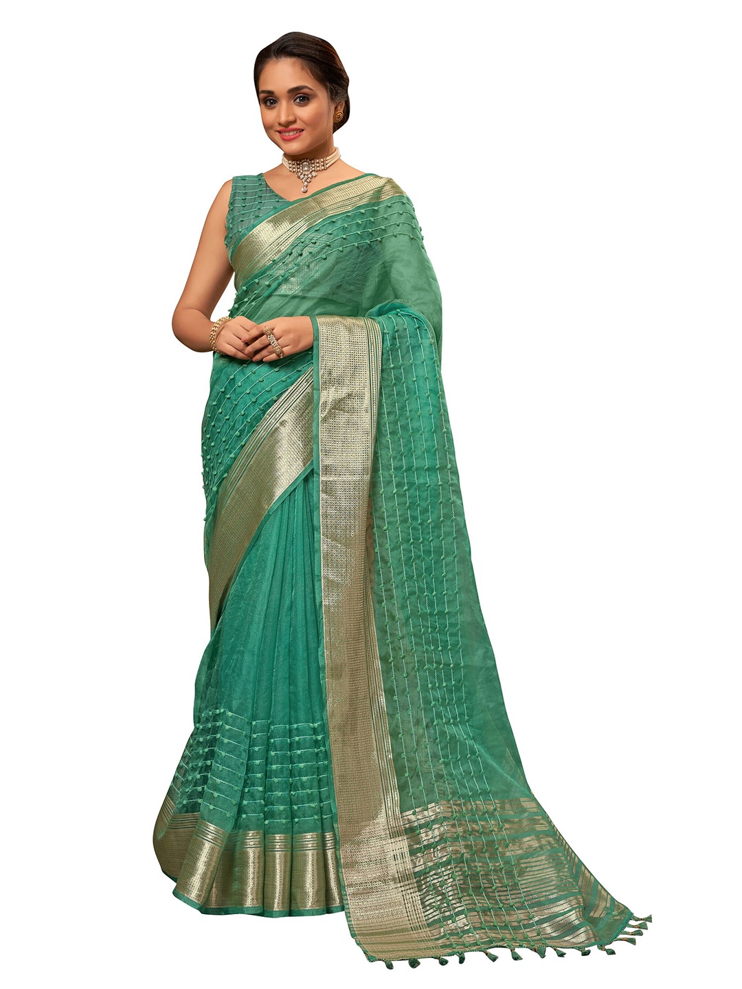 

MANOHARI Sea Green & Gold-Toned Striped Embellished Silk Cotton Saree