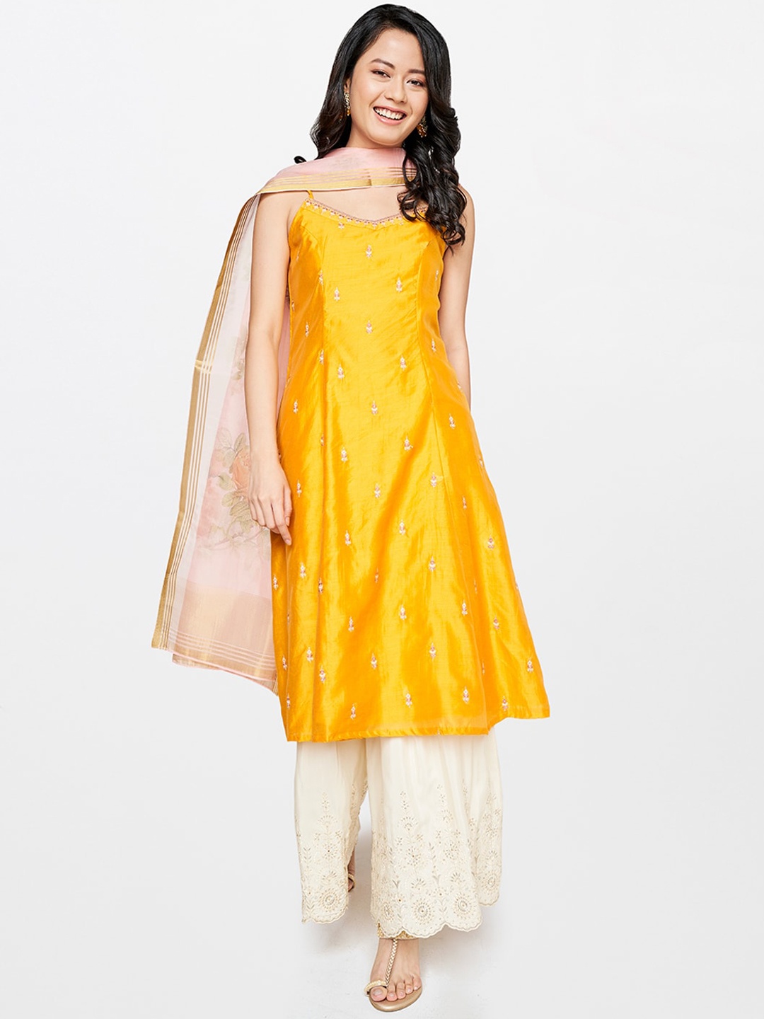 

Global Desi Women Mustard Yellow Ethnic Motifs Embroidered Kurta with Dupatta