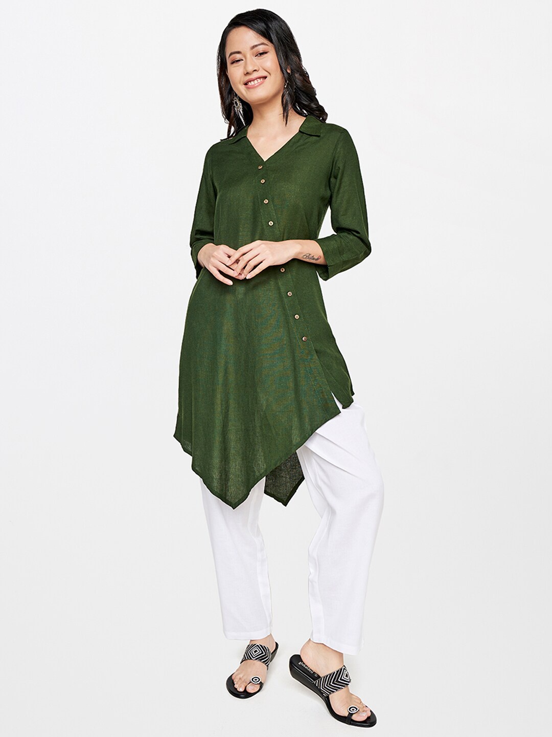 

Global Desi Olive Green Viscose Rayon Shirt Collar Tunic