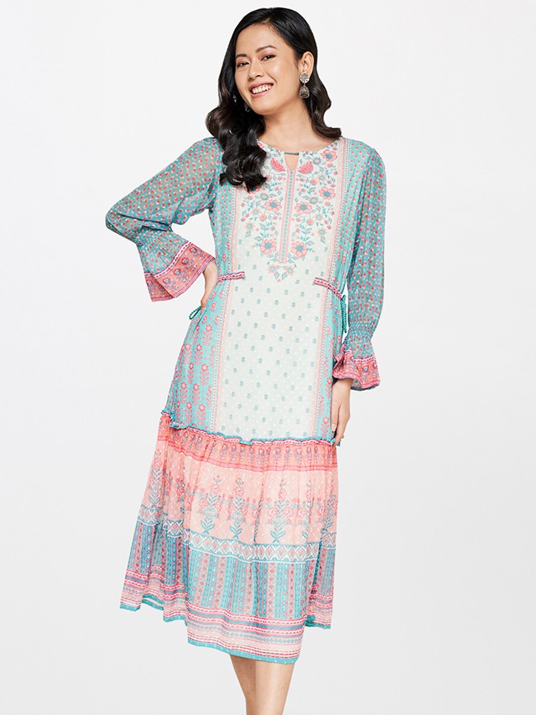 

Global Desi Green Floral A-Line Midi Dress