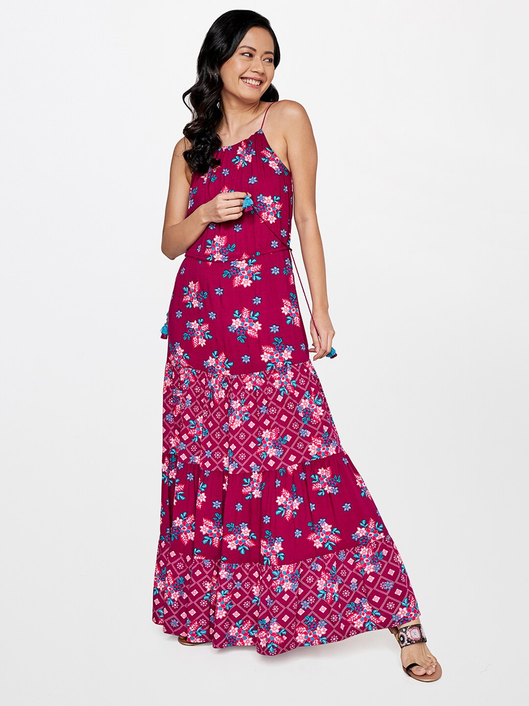 

Global Desi Floral Printed Maxi Dress, Maroon