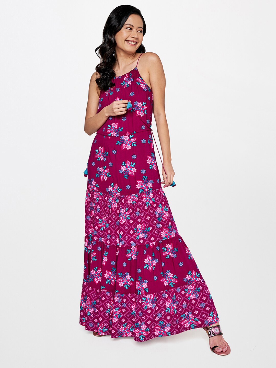 

Global Desi Floral Printed Maxi Dress, Maroon
