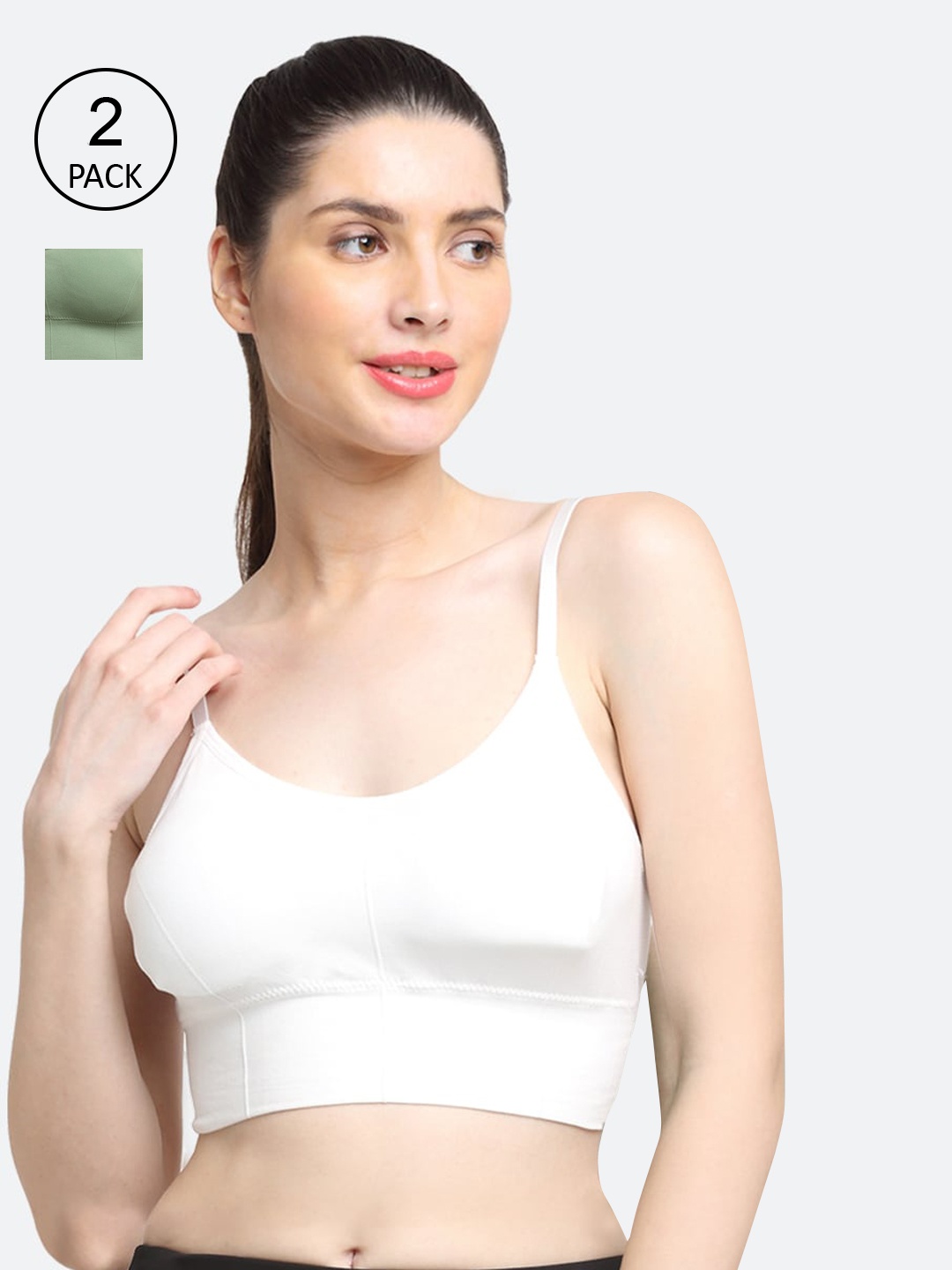 

Friskers Women Pack Of 2 White & Olive Green Solid Lightly Padded Sports Bra