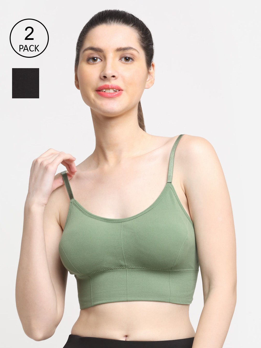 

Friskers Women Pack Of 2 Black & Green Lightly Padded Sports Bra