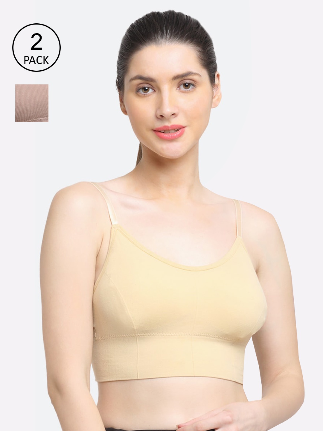 

Friskers Set Of 2 Beige & Pink Lightly Padded & Non Wired Solid Workout Bra