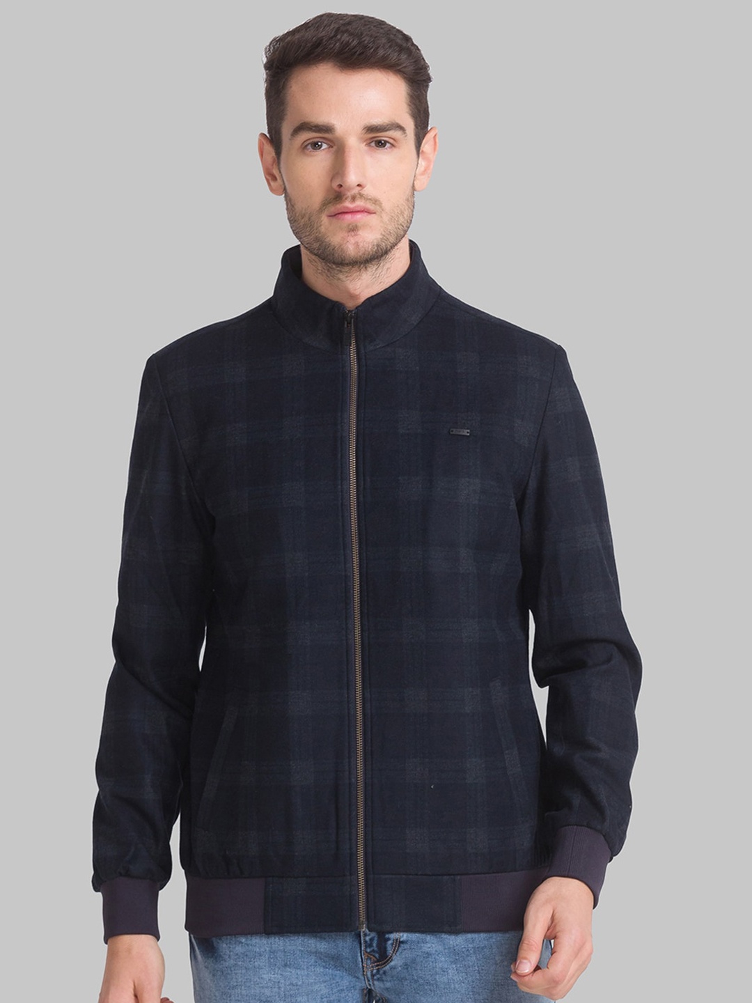 

Parx Men Grey Checked Regular Bomber Jacket