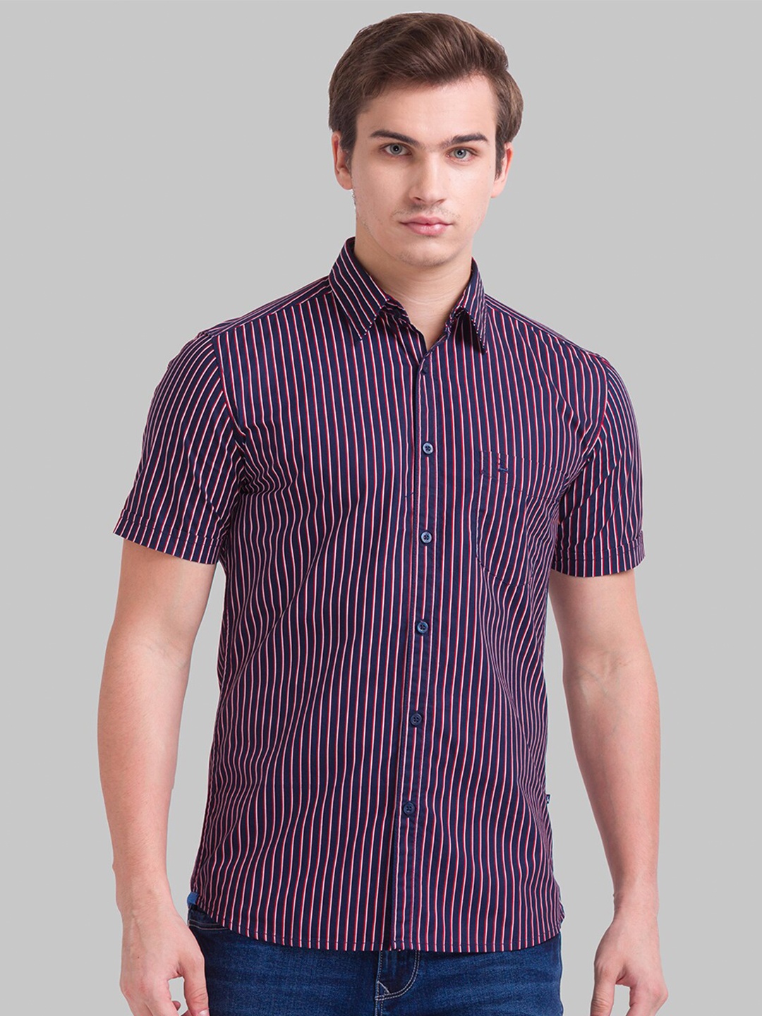 

Parx Men Navy Blue Slim Fit Striped Casual Shirt