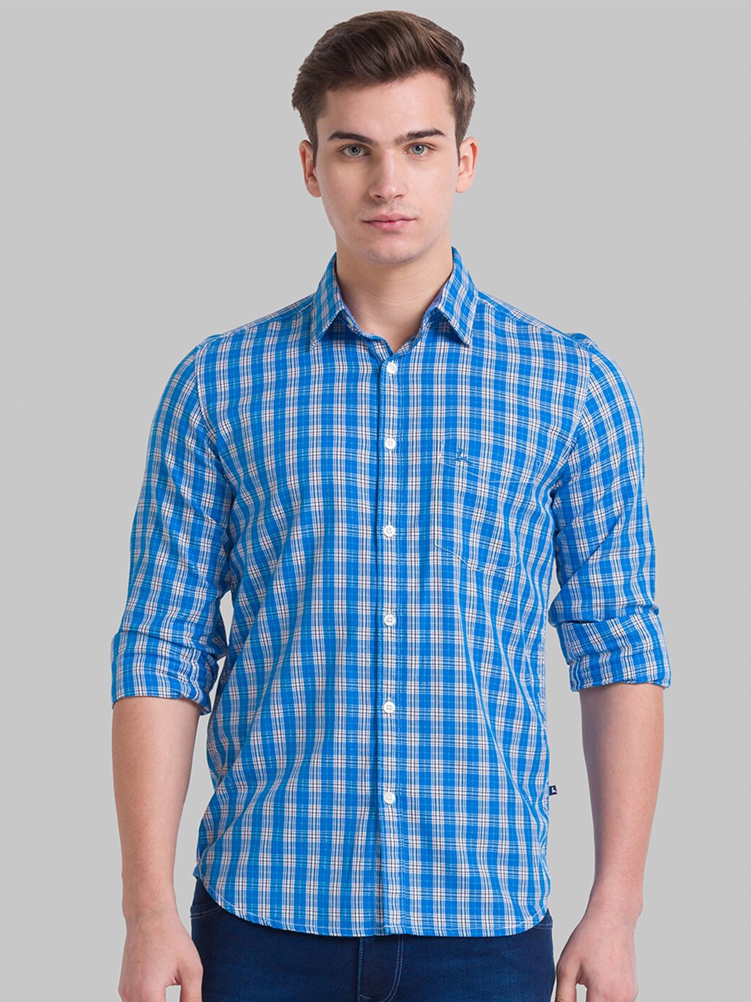 

Parx Men Blue Slim Fit Checked Cotton Casual Shirt