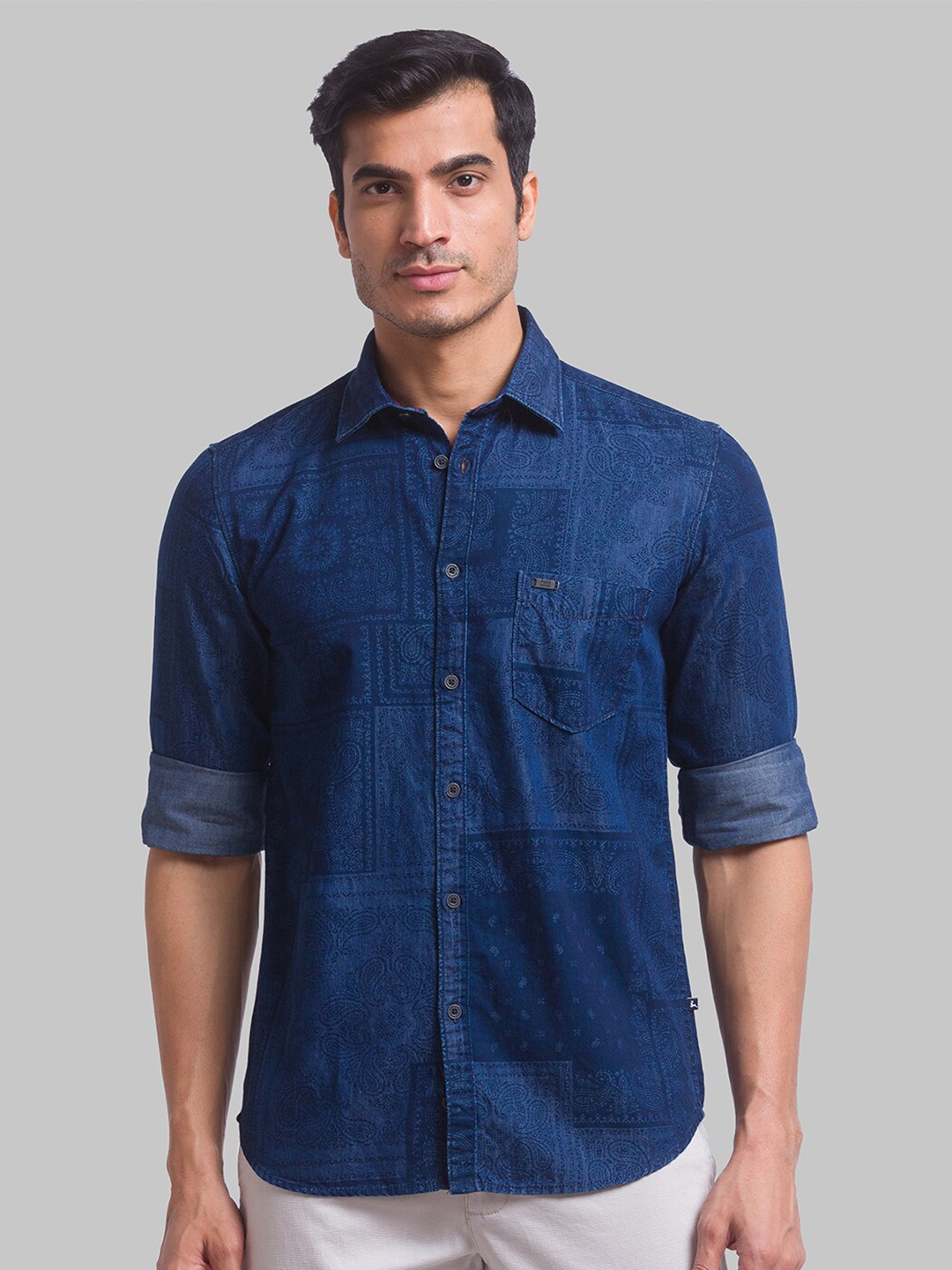 

Parx Men Blue Slim Fit Printed Cotton Casual Shirt