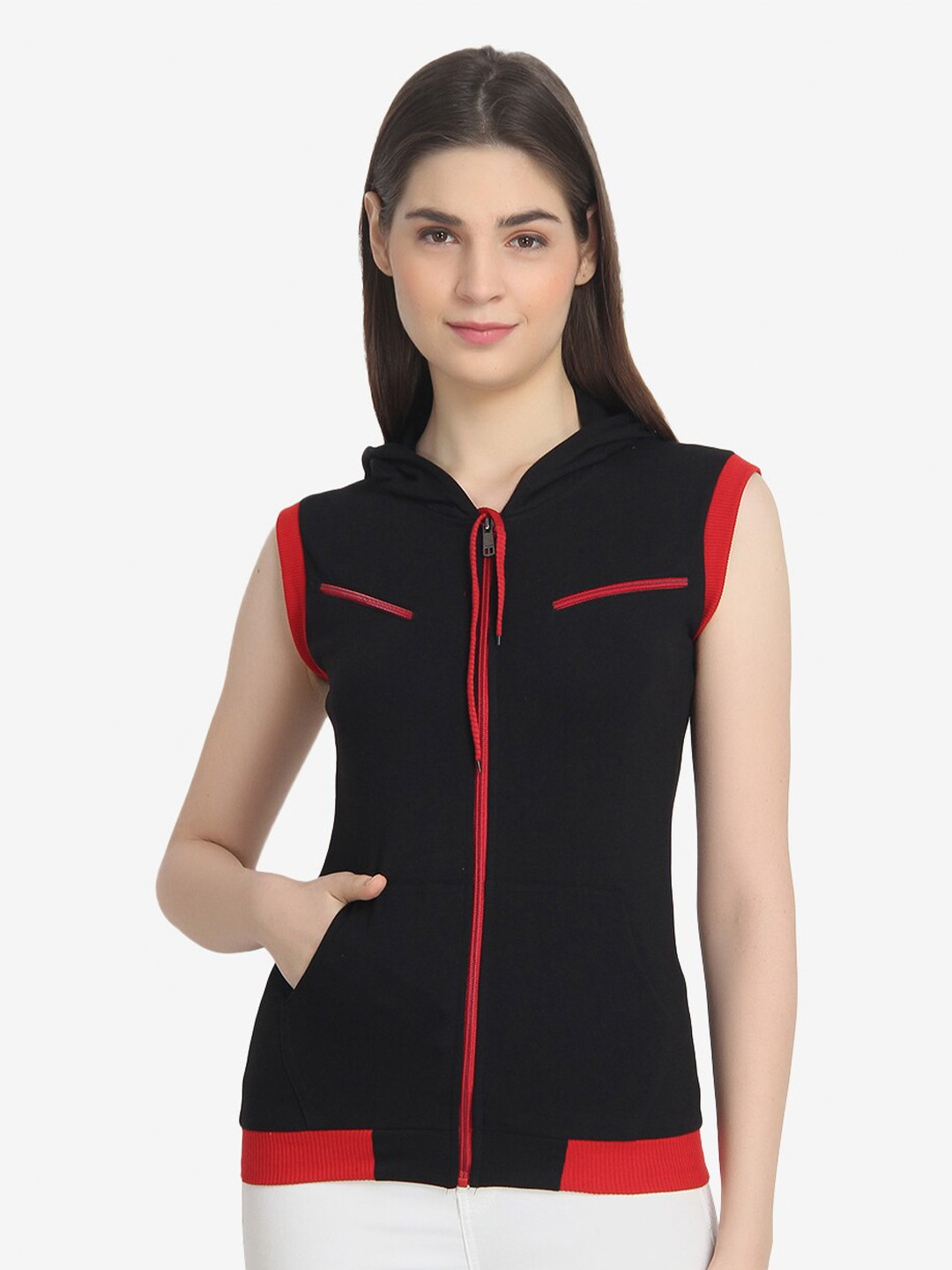 

VIVINKS Women Black & Red Cotton Hooded T-shirt