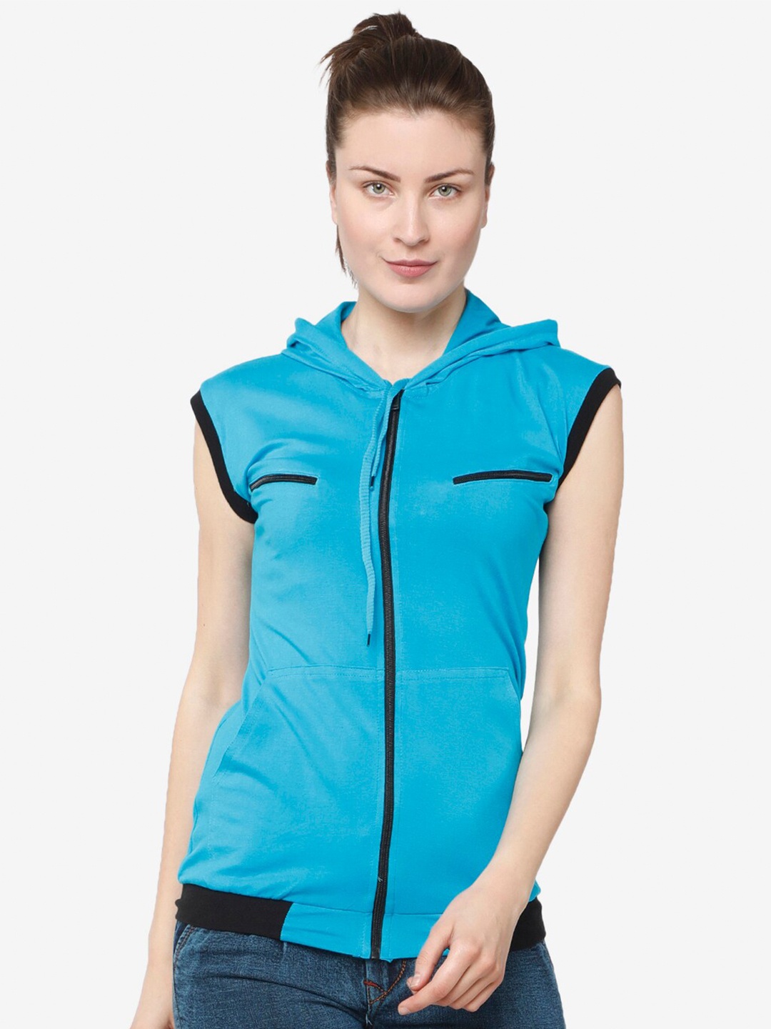 

VIVINKS Women Turquoise Blue & Black Cotton Hooded T-shirt