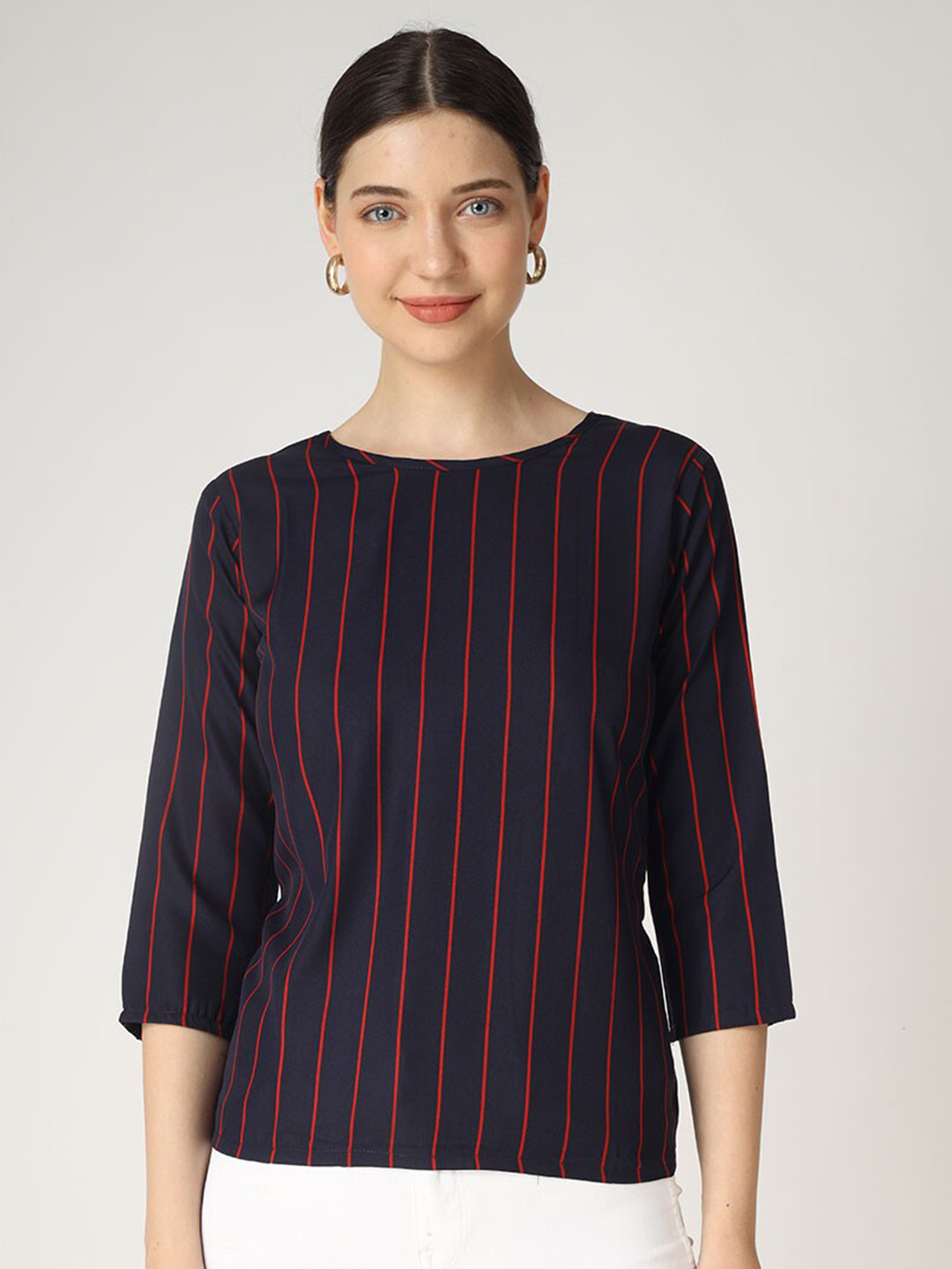 

The Label Bar Women Navy Blue & Red Striped Crepe Top