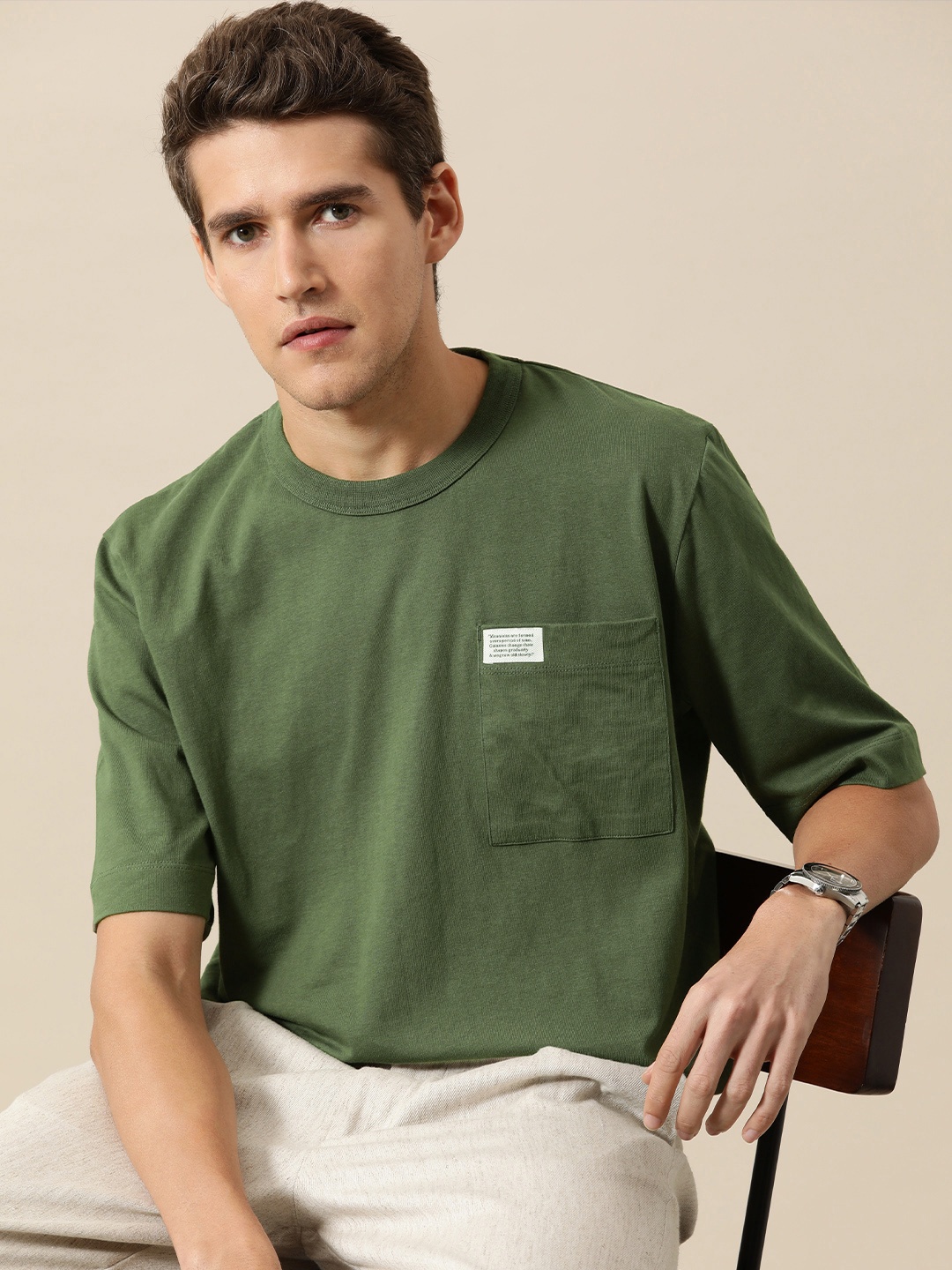 

Mr Bowerbird Men Olive Green Pure Cotton Oversized Fit Round Neck T-shirt