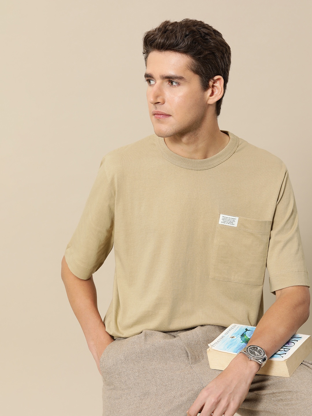 

Mr Bowerbird Men Beige SOlid Pure Cotton T-shirt