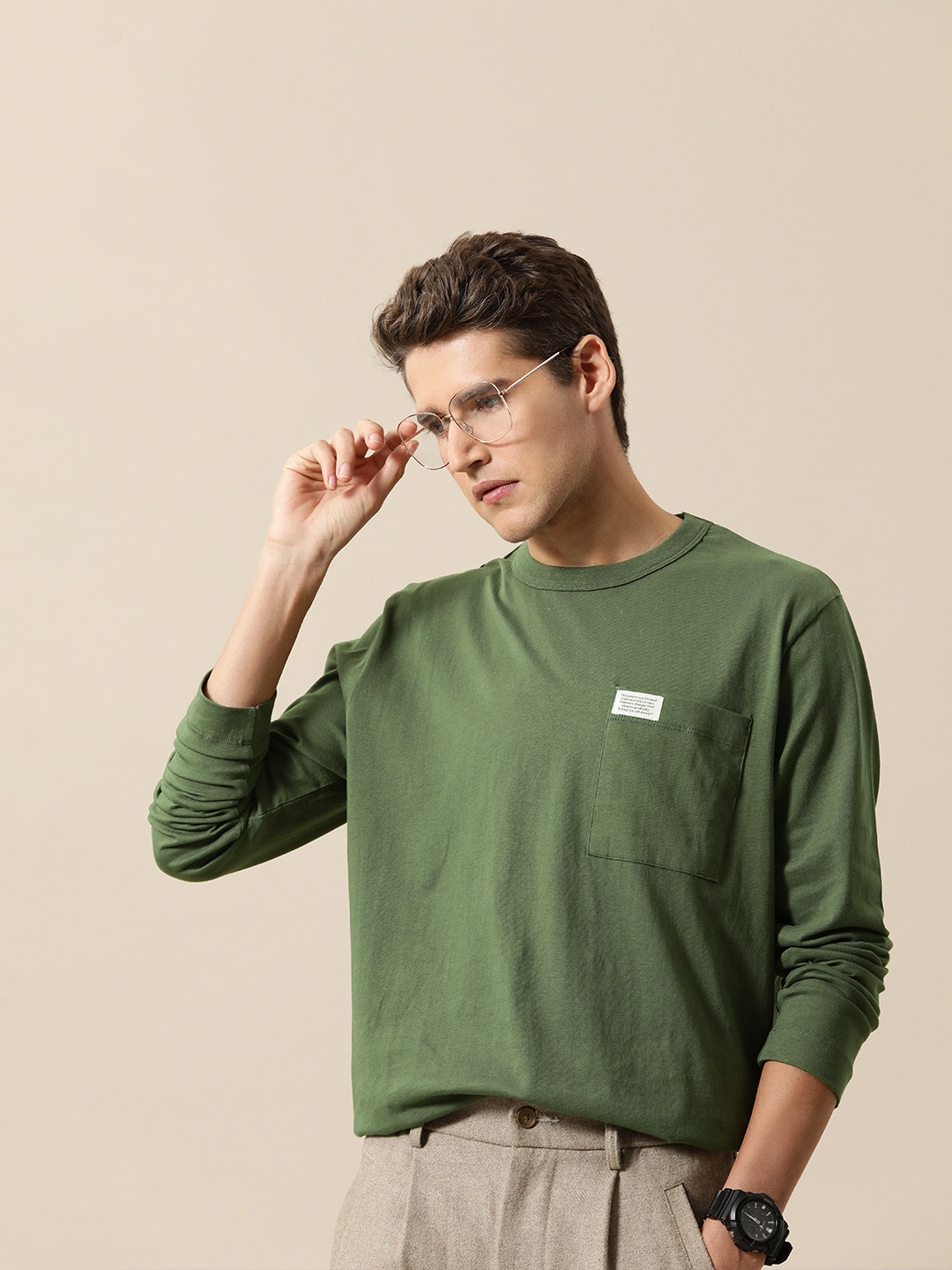 

Mr Bowerbird Men Olive Green Pure Cotton Oversized Round Neck T-shirt