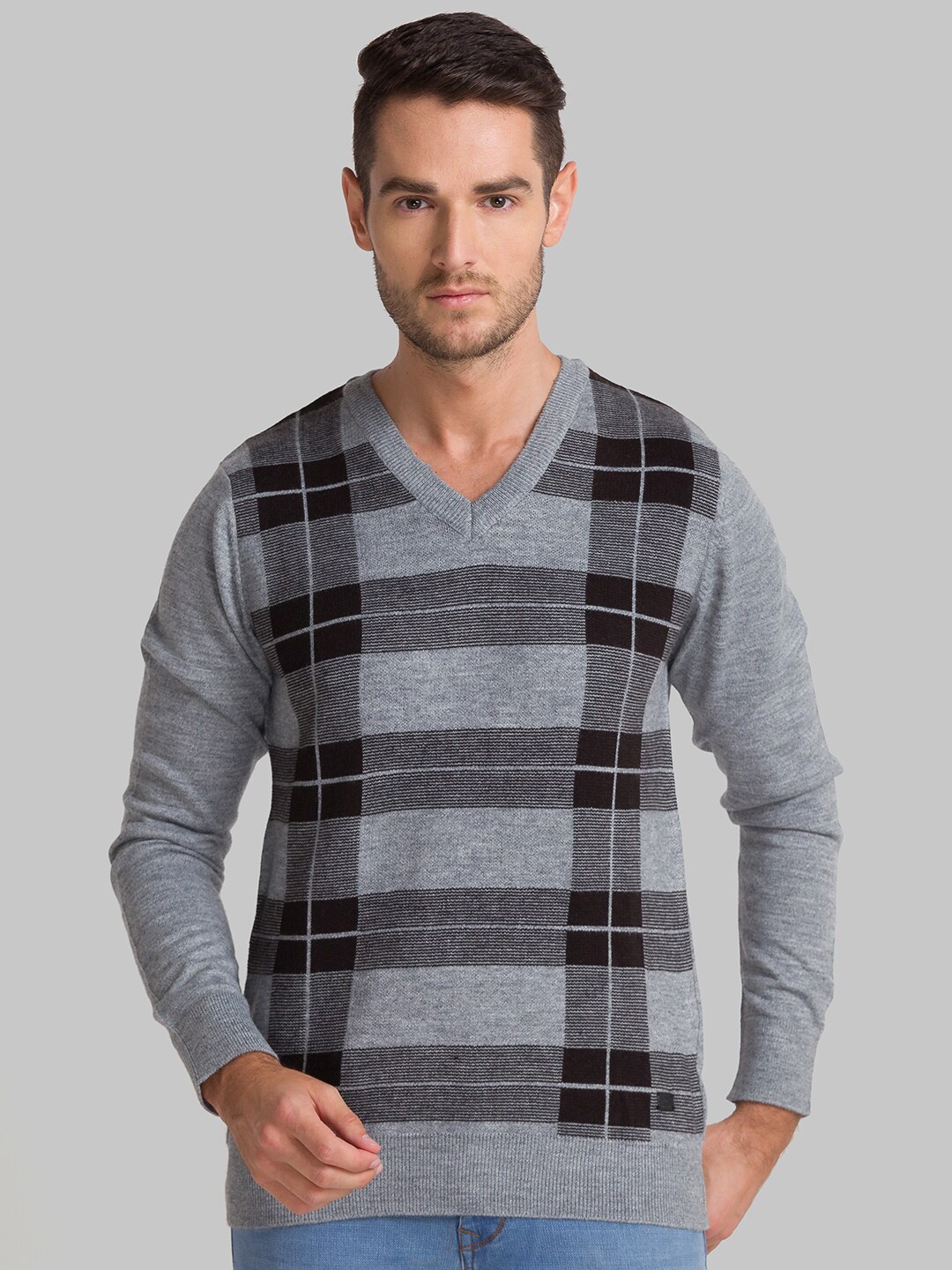 

Parx Men Grey & Black Checked Pullover