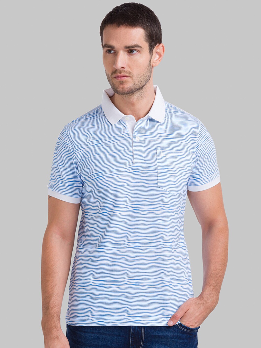 

Parx Men White & Blue Striped Polo Collar T-shirt