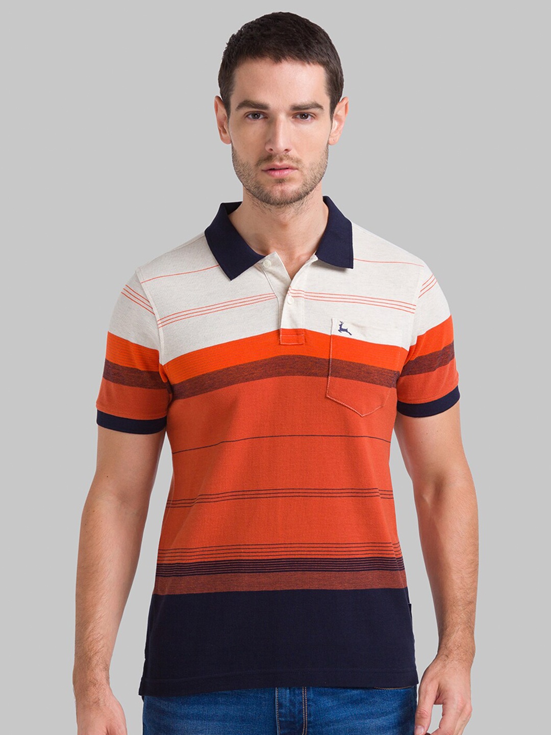 

Parx Men Orange & White Striped Polo Collar T-shirt
