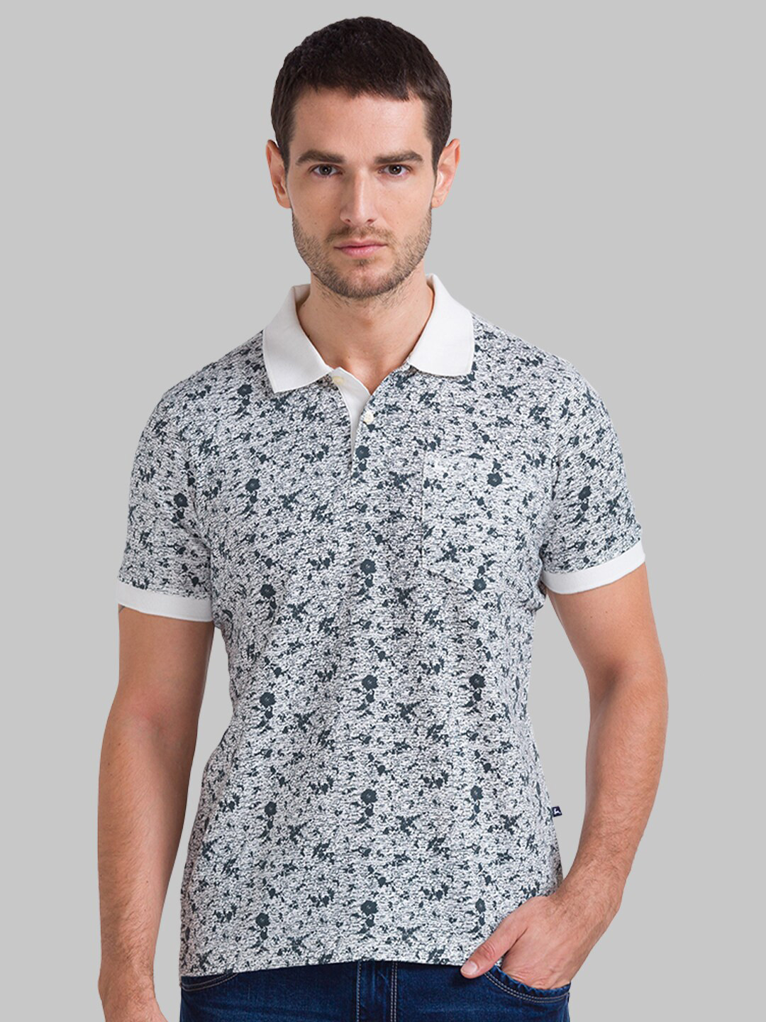 

Parx Men Grey & White Floral Printed Polo Collar T-shirt
