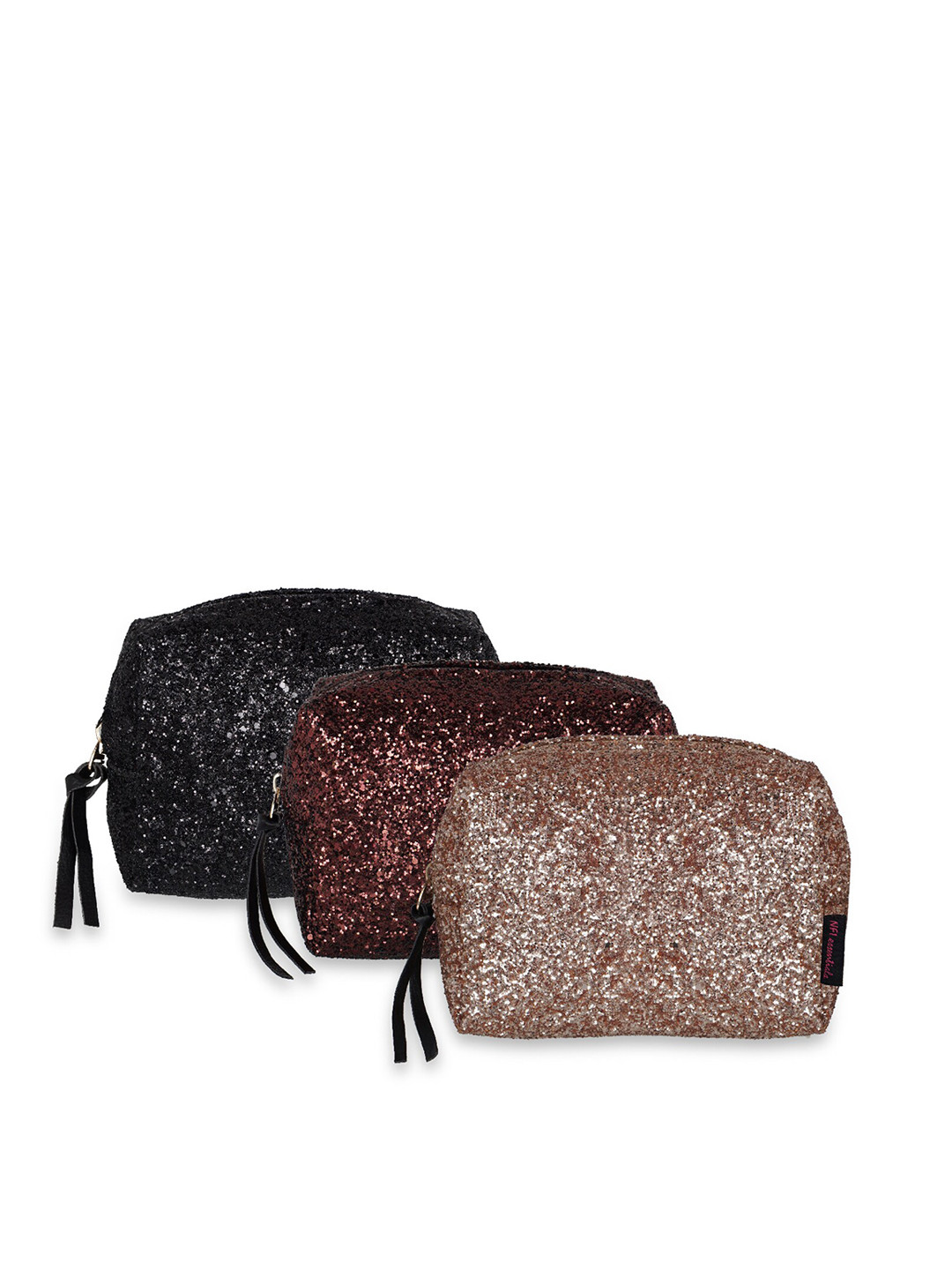 

NFI essentials Women Set Of 3 Brown & Rose Gold Solid Glittery Makeup Pouch