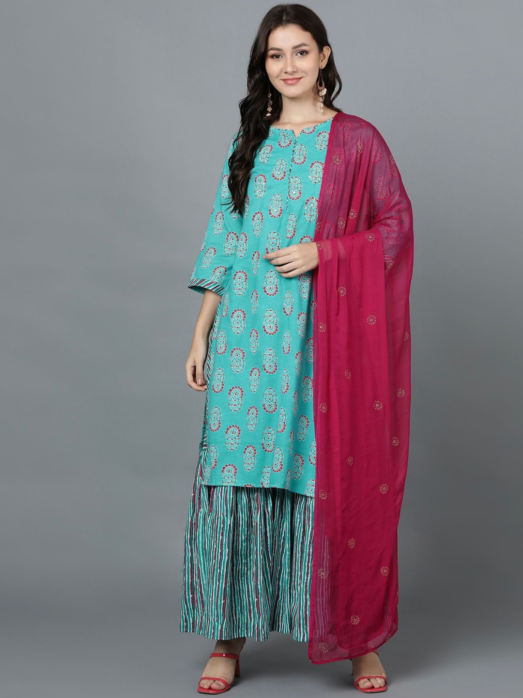 

VEDANA Women Turquoise Blue Printed Pure Cotton Kurta with Sharara & With Dupatta