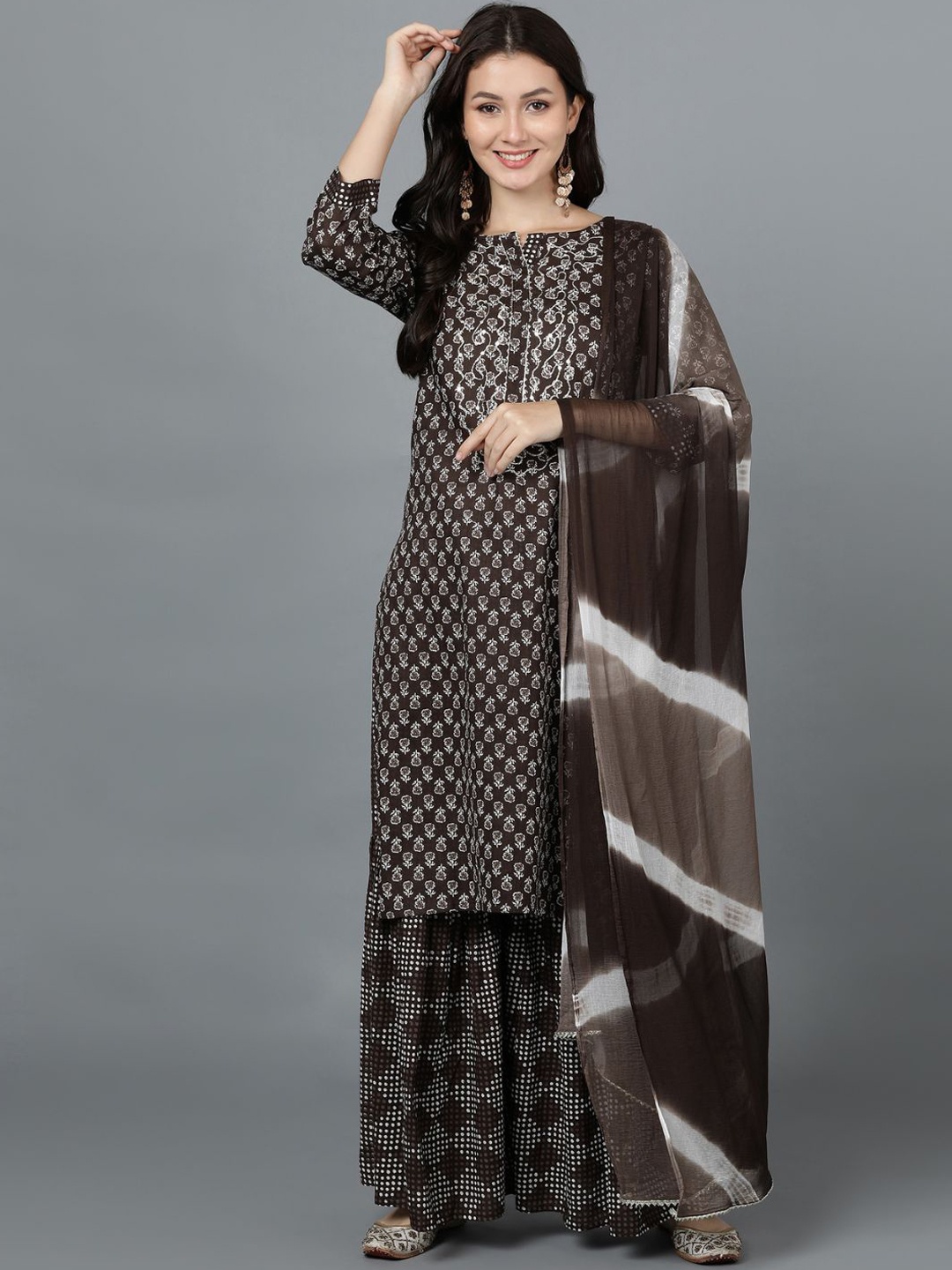 

VEDANA Women Brown Embroidered Layered Sequinned Pure Cotton Kurti with Sharara & With Dupatta