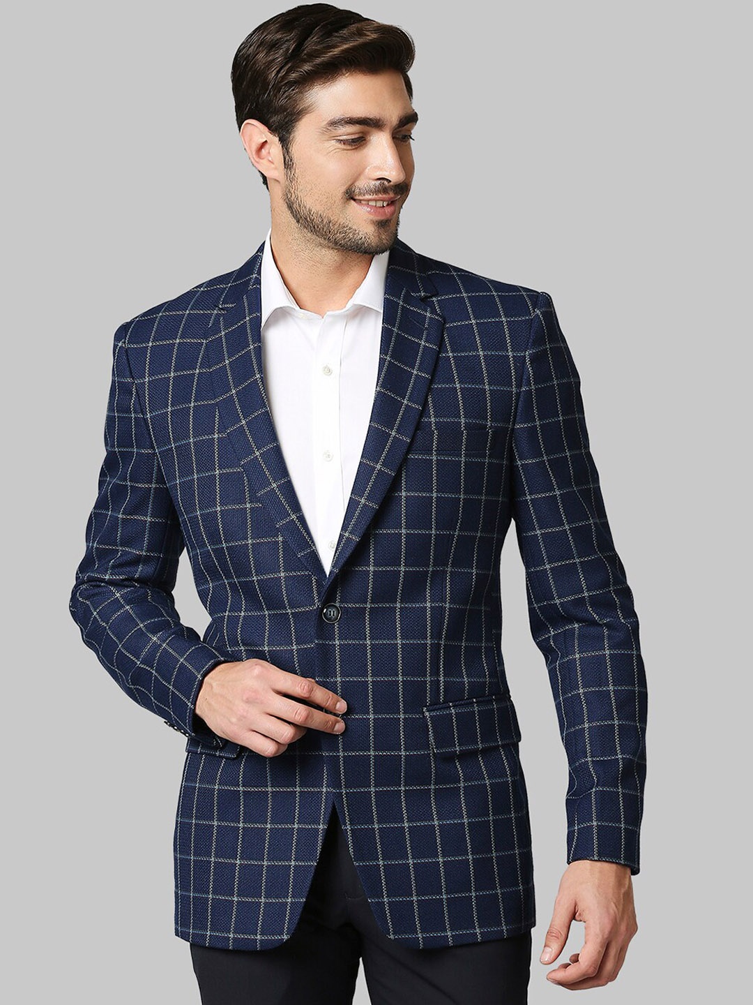 

Raymond Men Blue Checked Polyester Regular Fit Single-Breasted Blazer, Navy blue