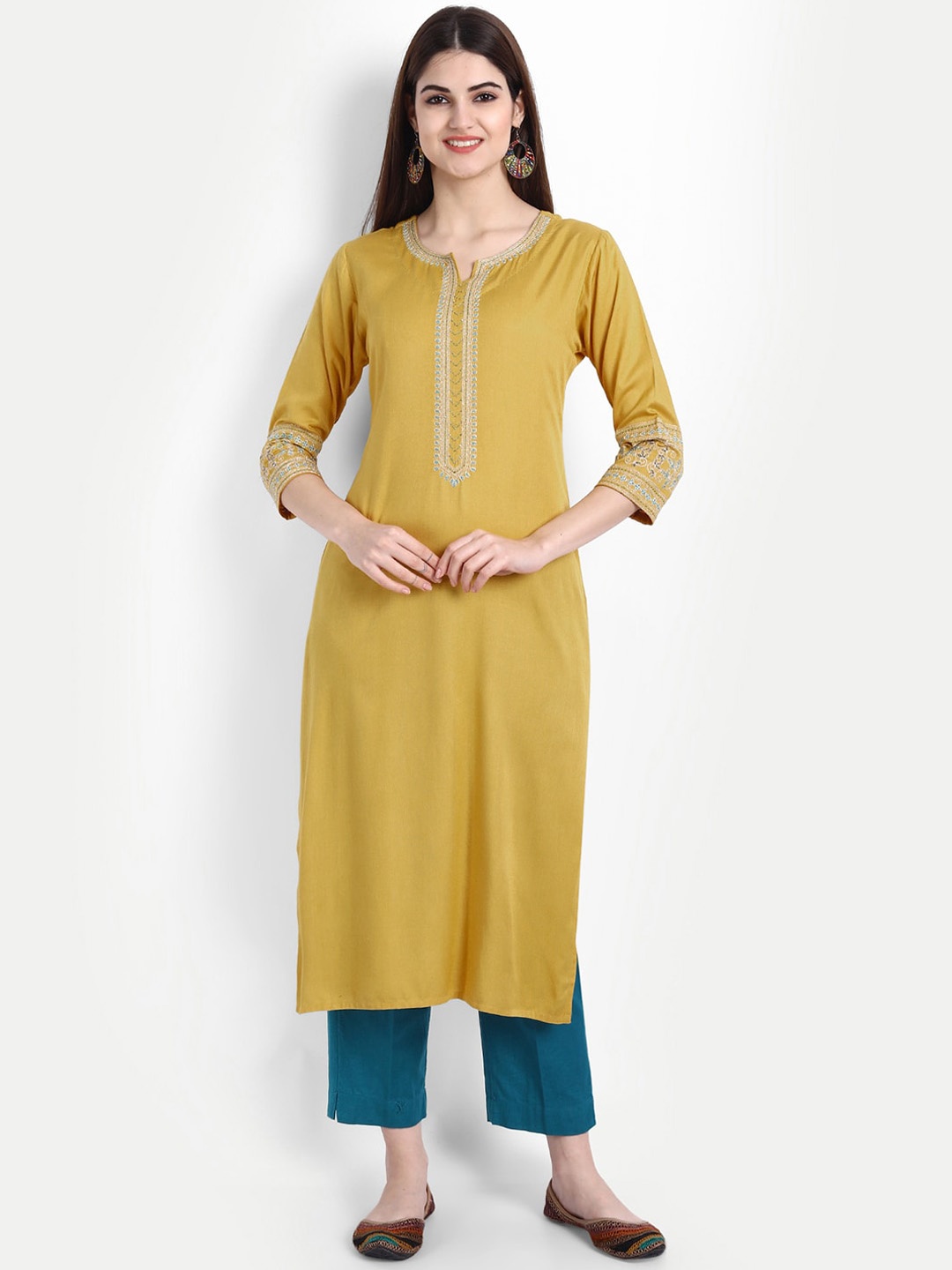 

SUTI Women Mustard Yellow Floral Embroidered Thread Work Kurta