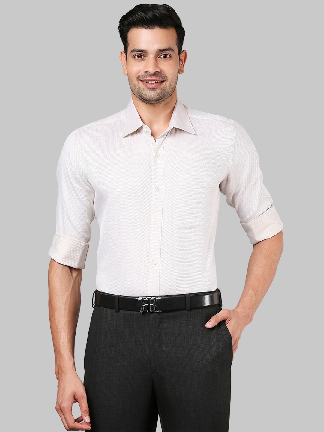 

Raymond Men Beige Self-Design Pure Cotton Formal Shirt