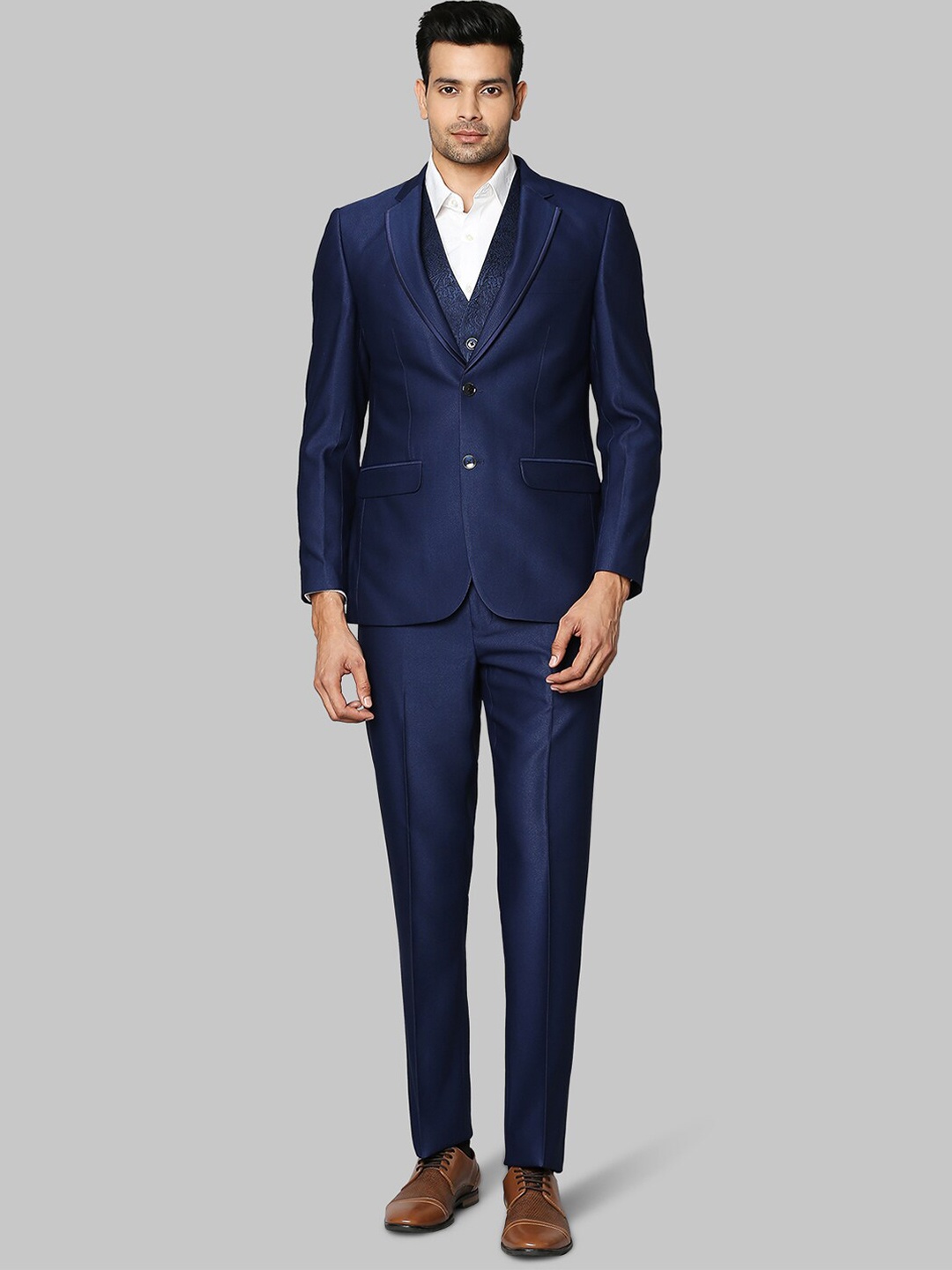 

Raymond Men 3 Piece Set Blue Solid Single-Breasted Three-Piece Formal Suit
