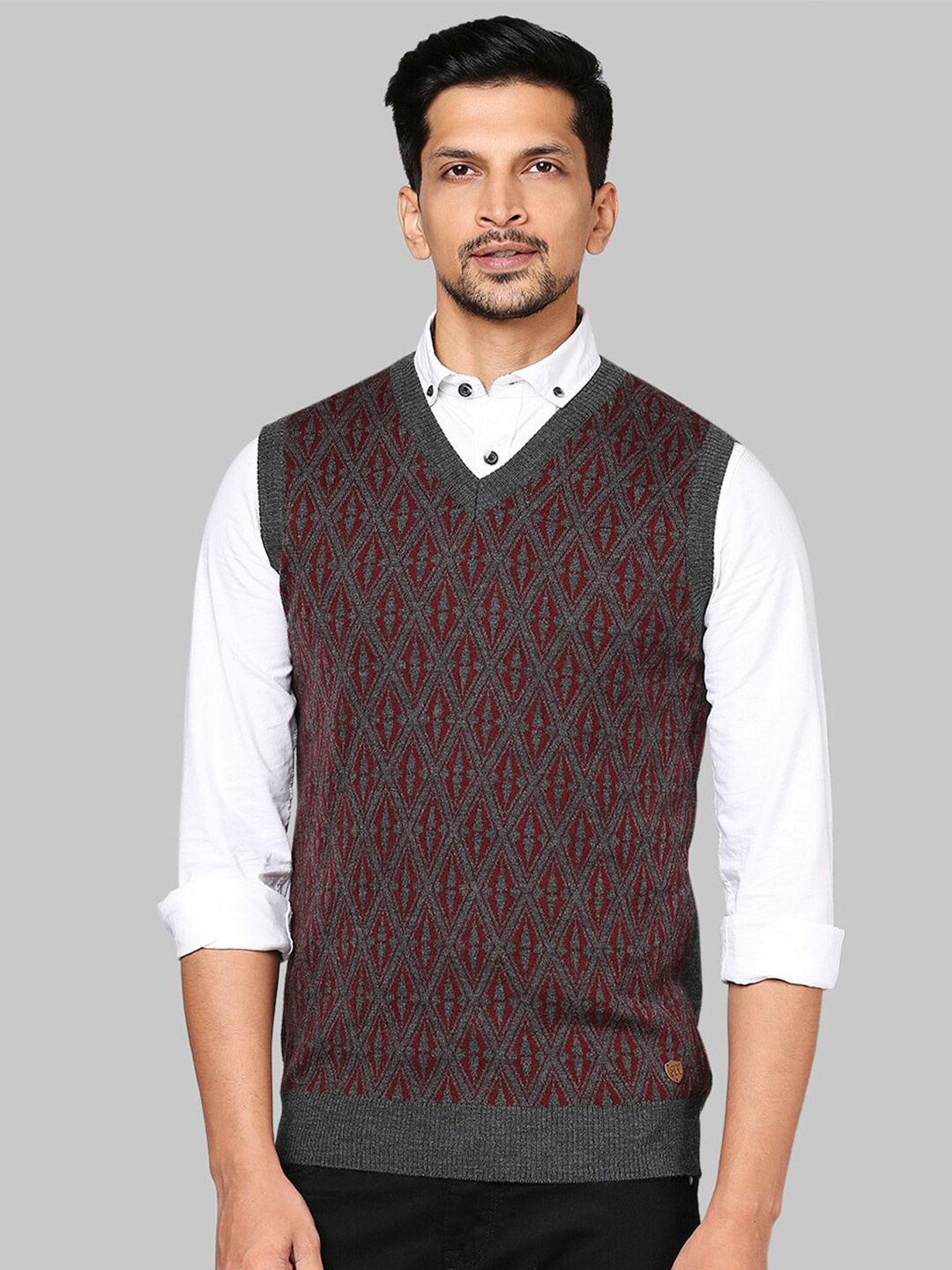 

Raymond Men Grey & Maroon Self Design Sweater Vest
