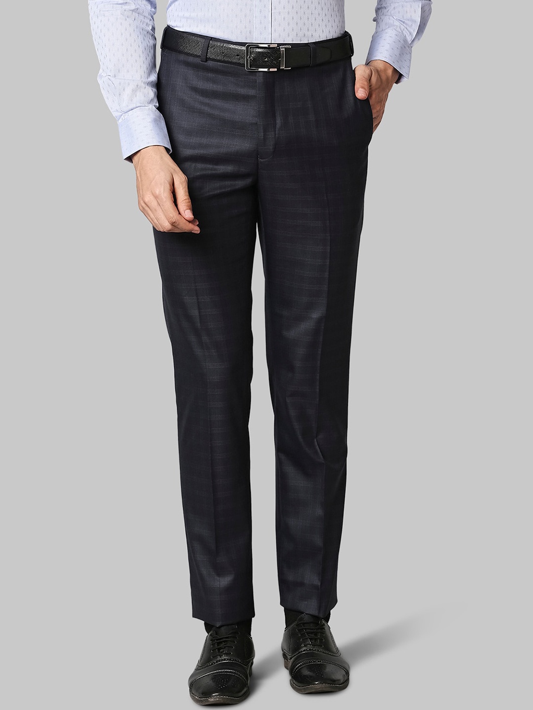 

Raymond Men Navy Blue Checked Polyester Formal Trousers