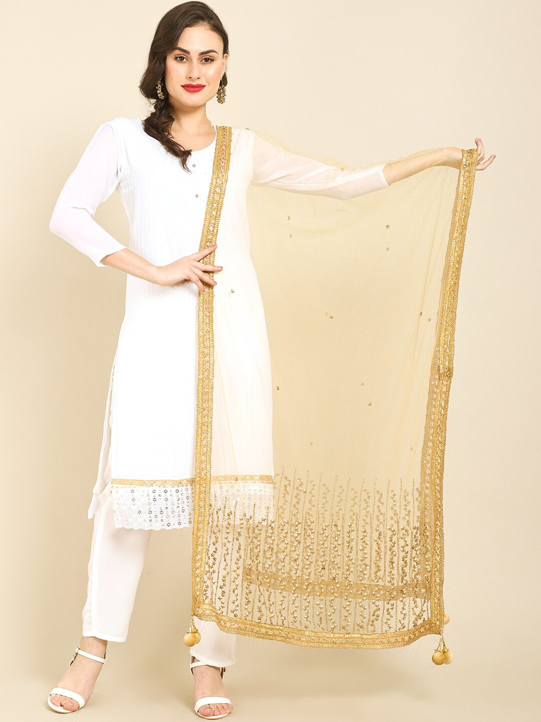 

Miaz Lifestyle White & Gold-Toned Embroidered Art Silk Dupatta with Beads and Stones