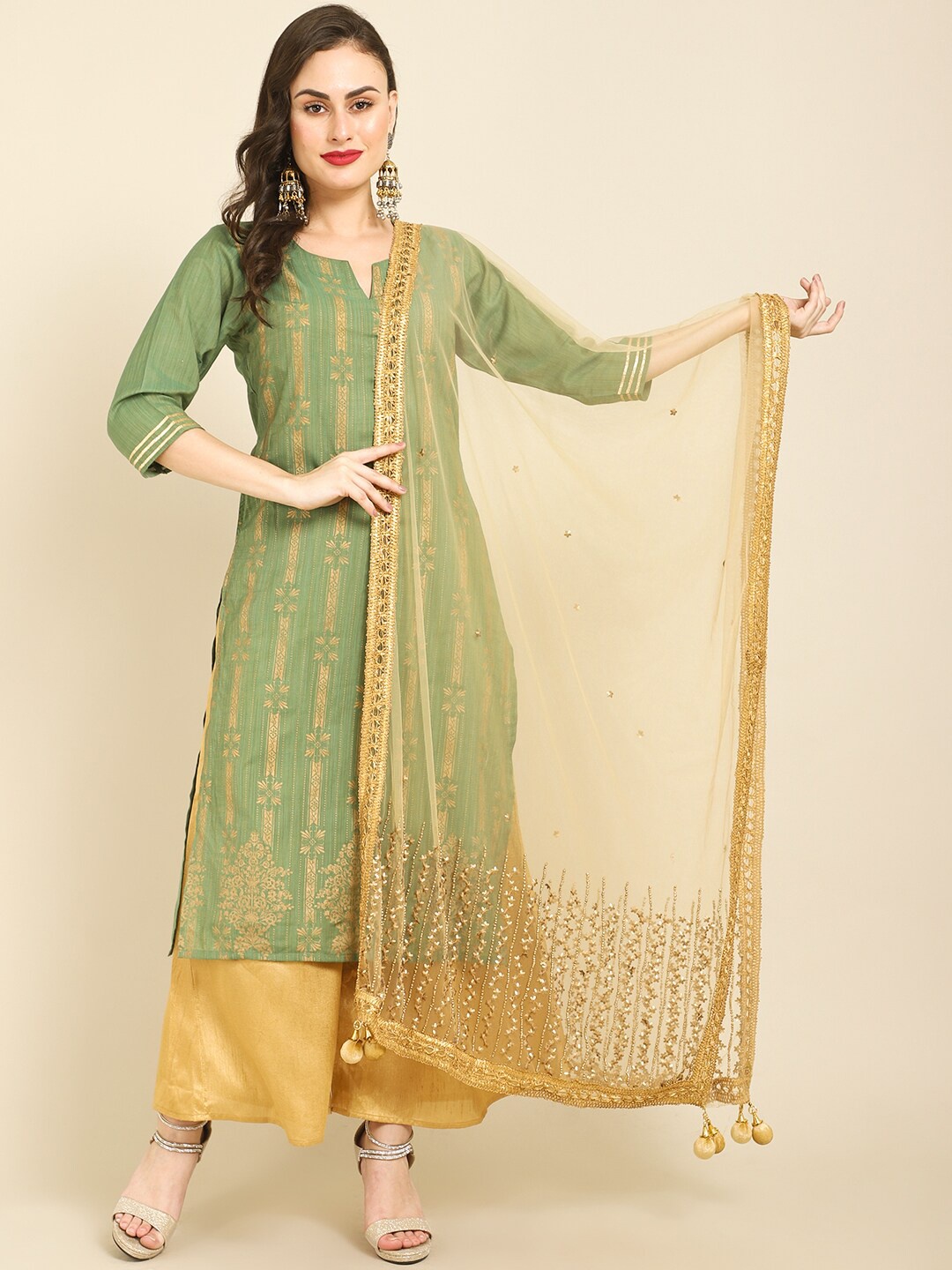 

Miaz Lifestyle Cream-Coloured & Gold-Toned Embroidered Art Silk Dupatta