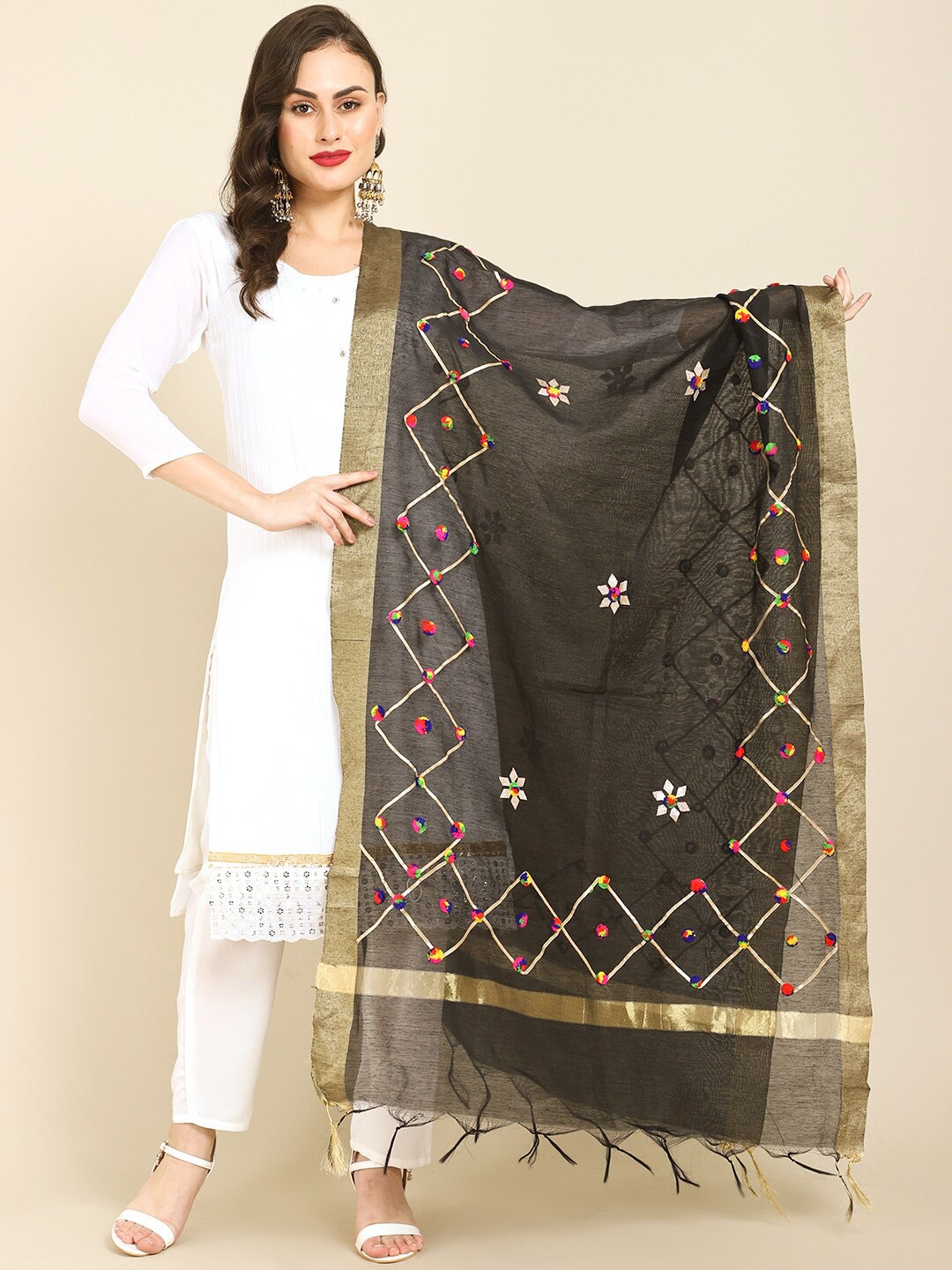

Miaz Lifestyle Black & Gold-Toned Gotta Patti & Pom Pom Detail Art Silk Dupatta
