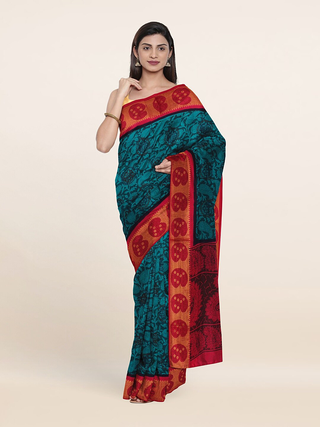 

Pothys Green & Red Paisley Zari Pure Cotton Saree