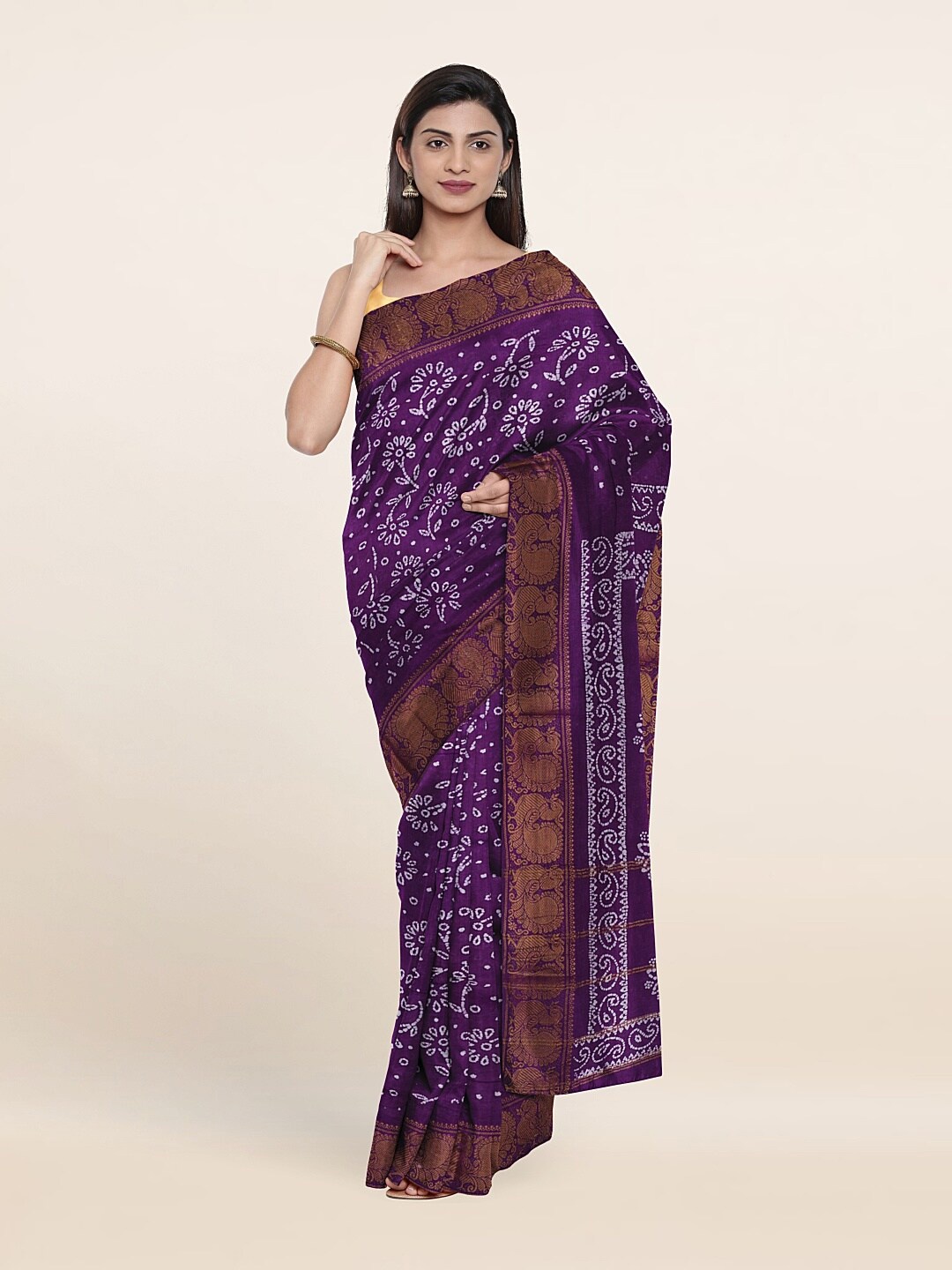 

Pothys Violet & White Printed Floral Zari Pure Cotton Saree