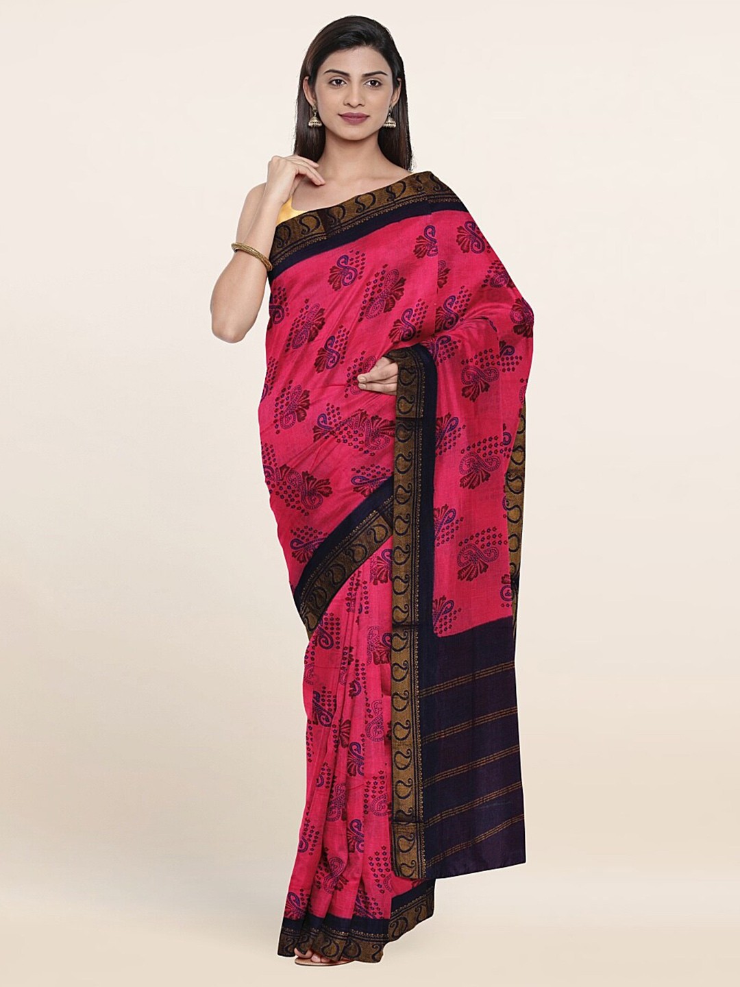 

Pothys Pink & Black Ethnic Motifs Pure Cotton Saree