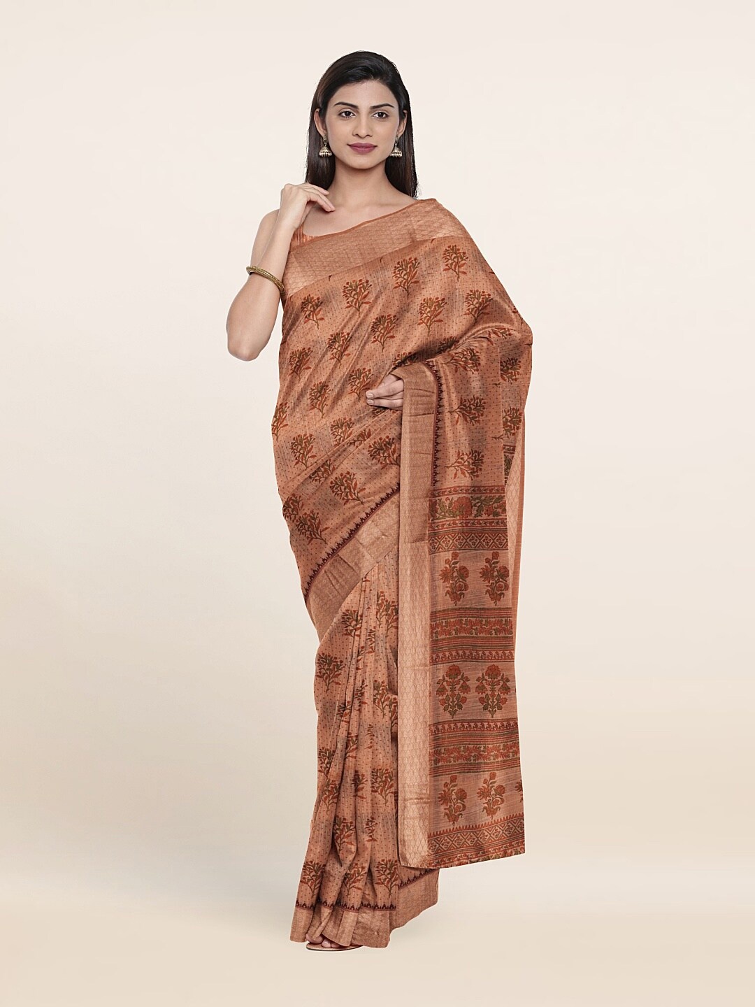 

Pothys Peach-Coloured & Brown Floral Printed Saree
