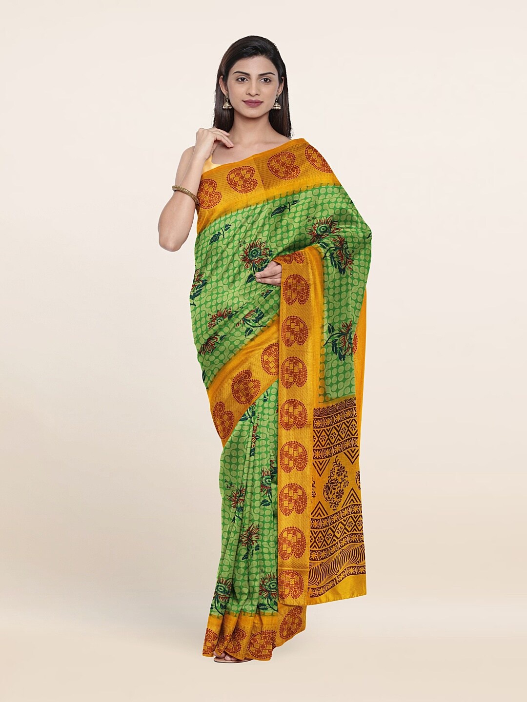 

Pothys Green & Mustard Yellow Floral Zari Pure Cotton Saree