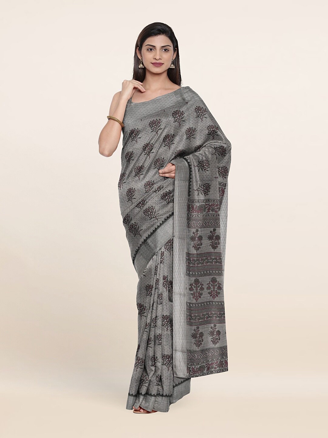 

Pothys Grey & Black Chandhari Cotton Floral Saree