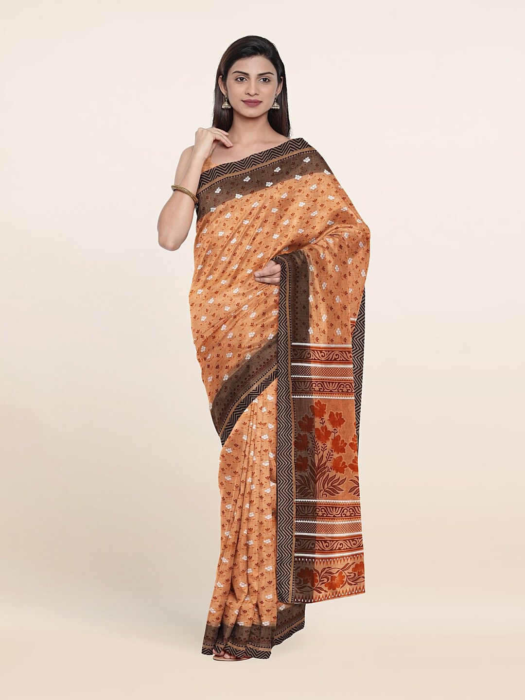 

Pothys Peach-Coloured & Brown Floral Saree
