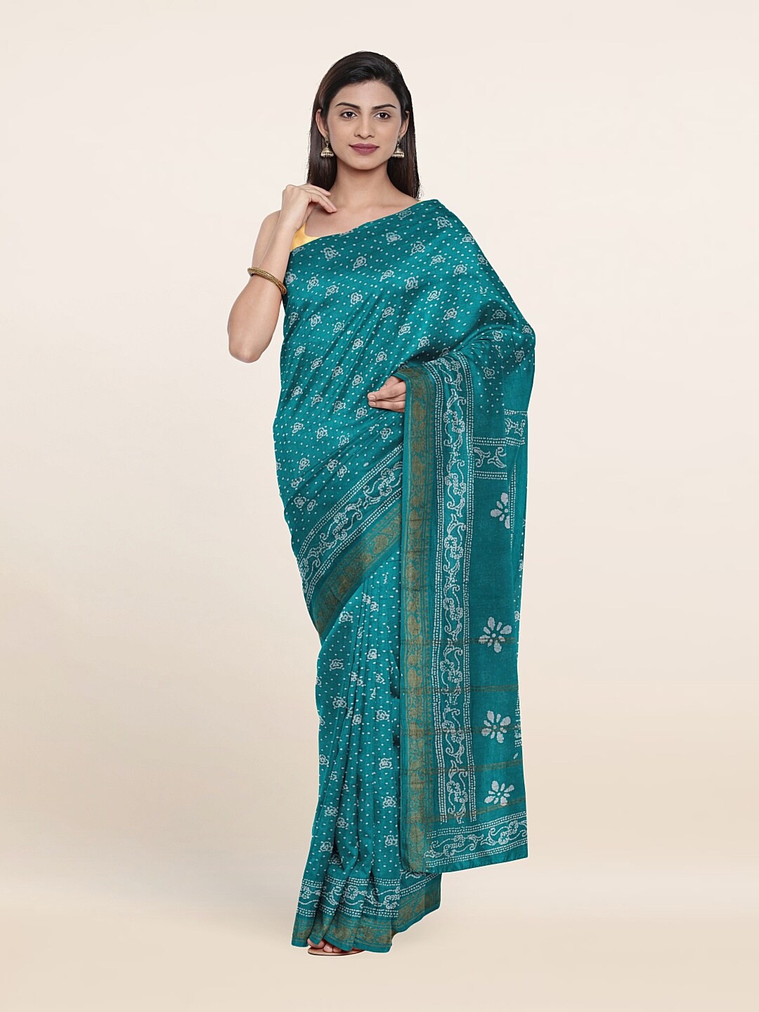 

Pothys Green & Gold-Toned Floral Zari Pure Cotton Saree