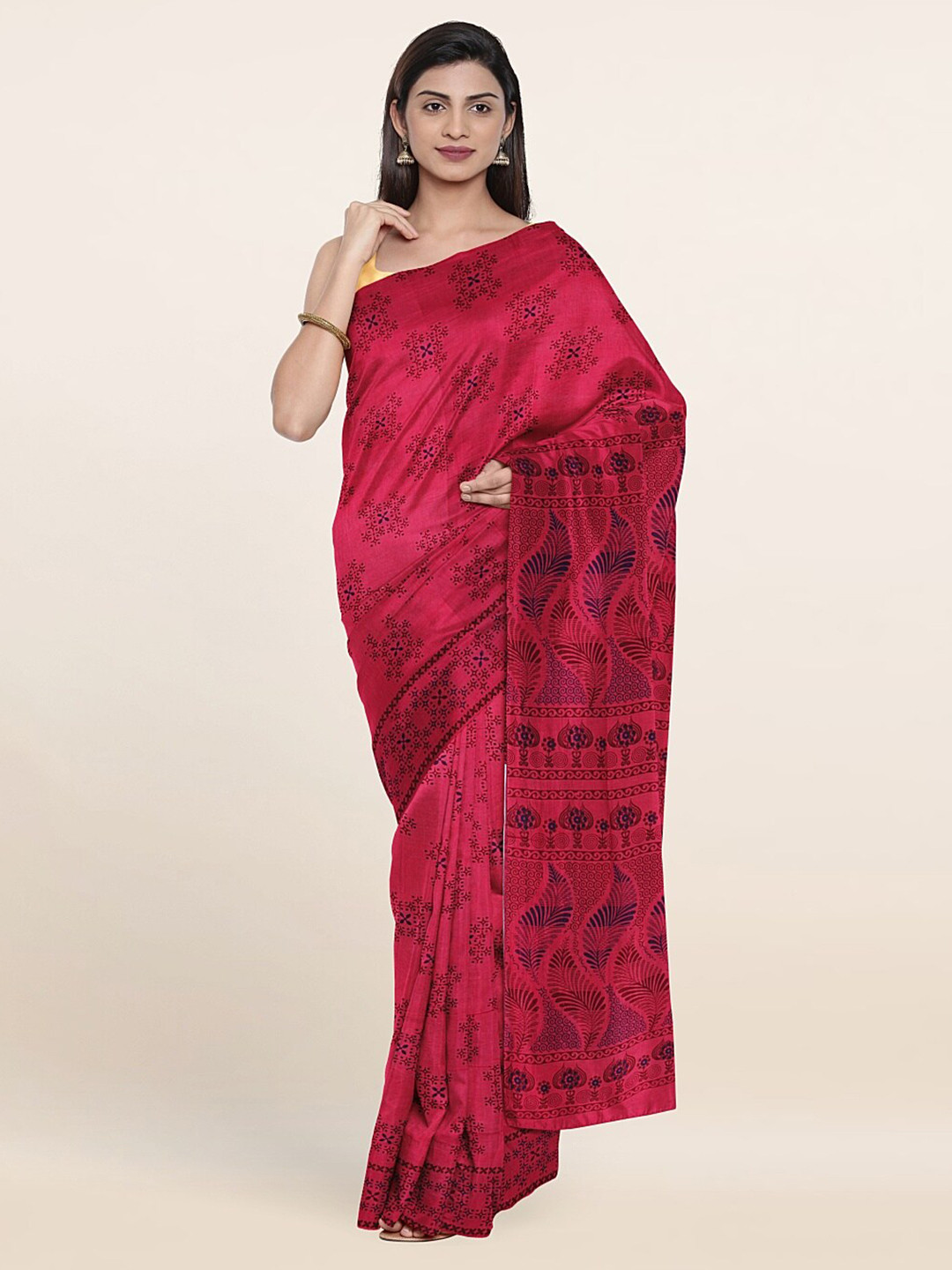 

Pothys Pink & Black Ethnic Motifs Pure Cotton Saree