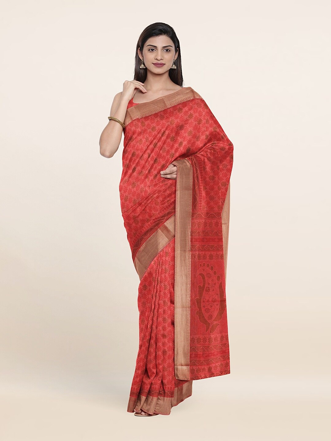 

Pothys Peach-Coloured & Gold-Toned Printed Chandhari Cotton Zari Saree